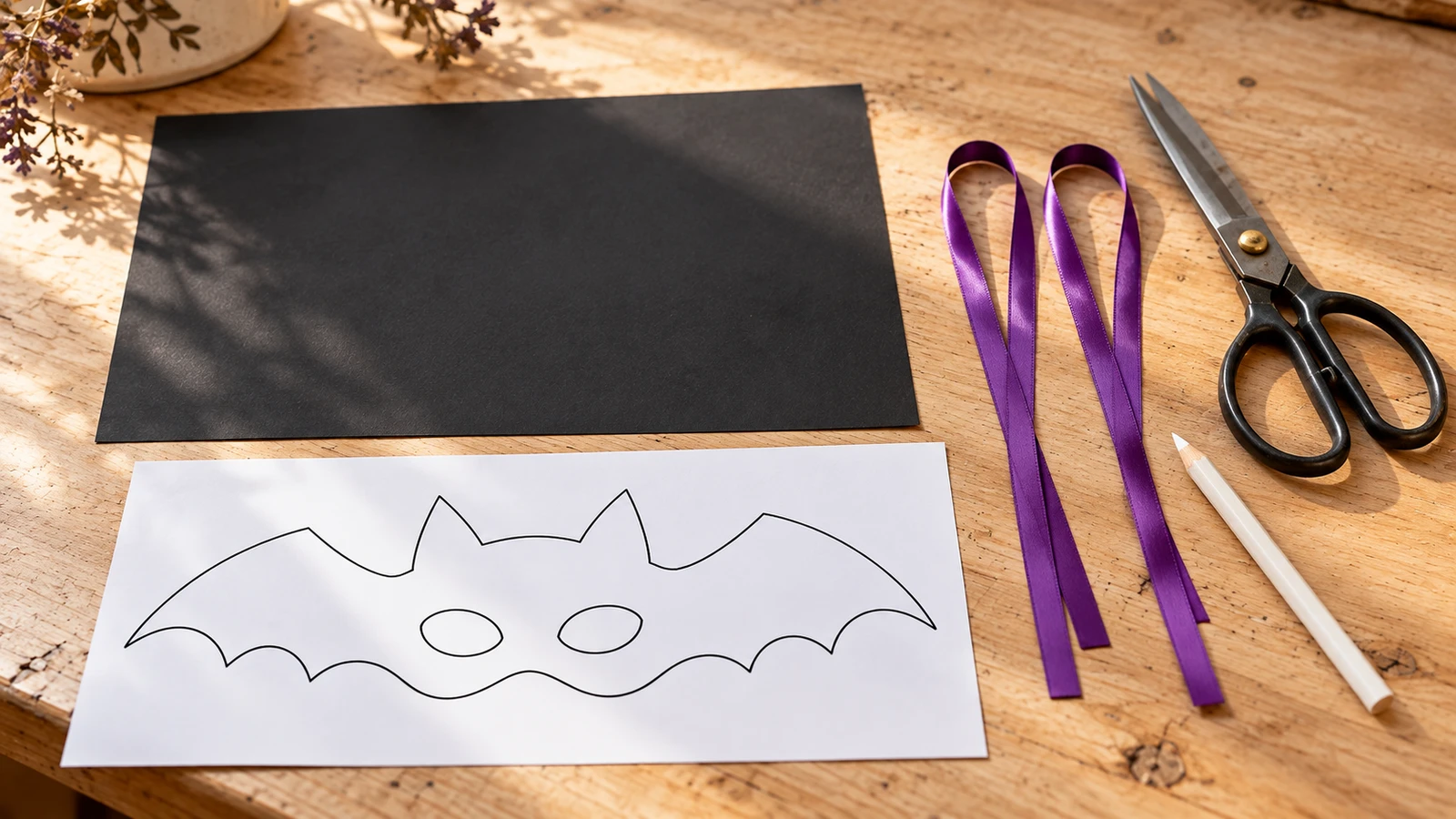 Feuille cartonnée noire, patron imprimé et deux rubans violets pour le masque