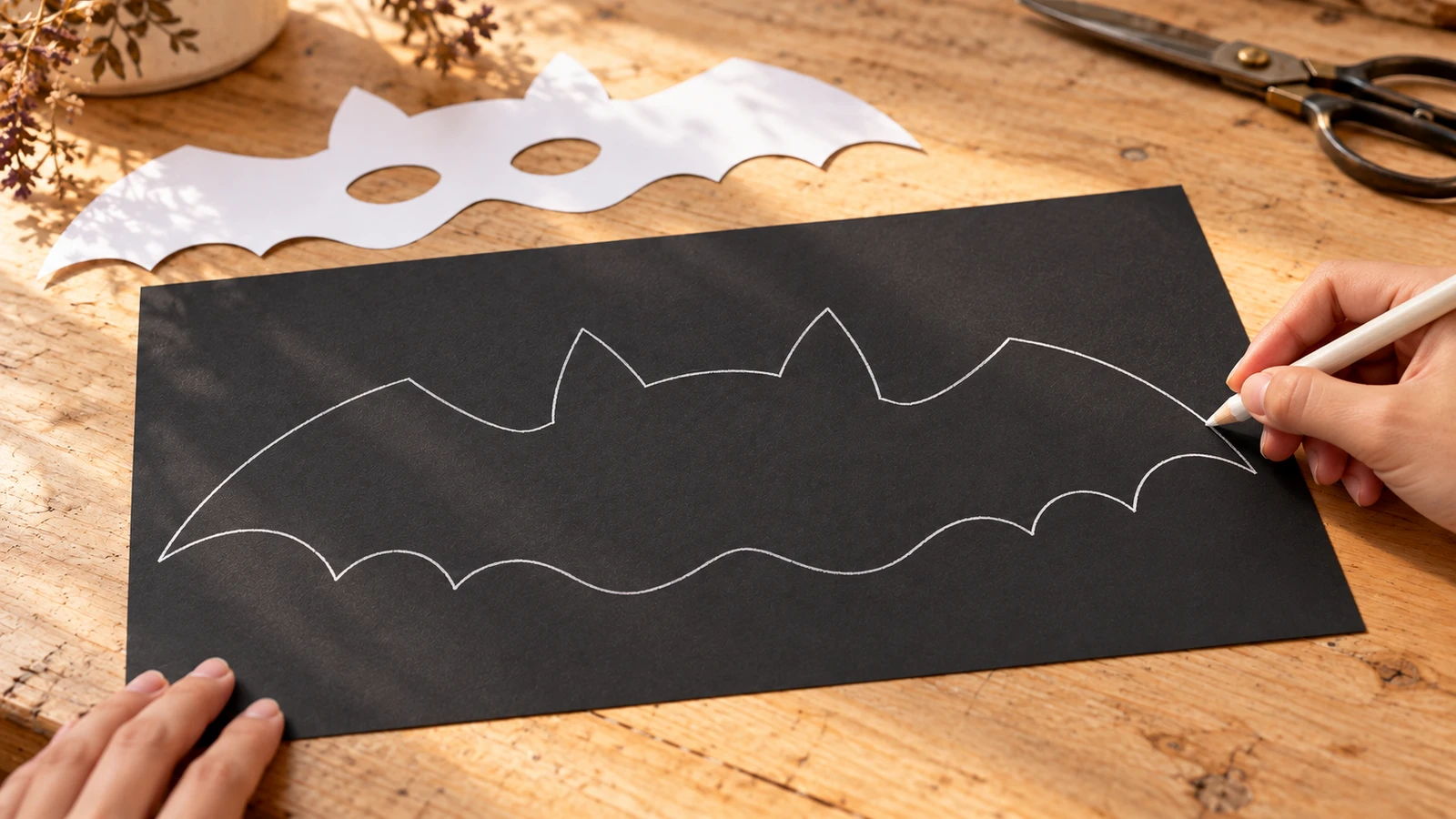 Contour clair du patron reporté sur un carton noir en forme de chauve-souris