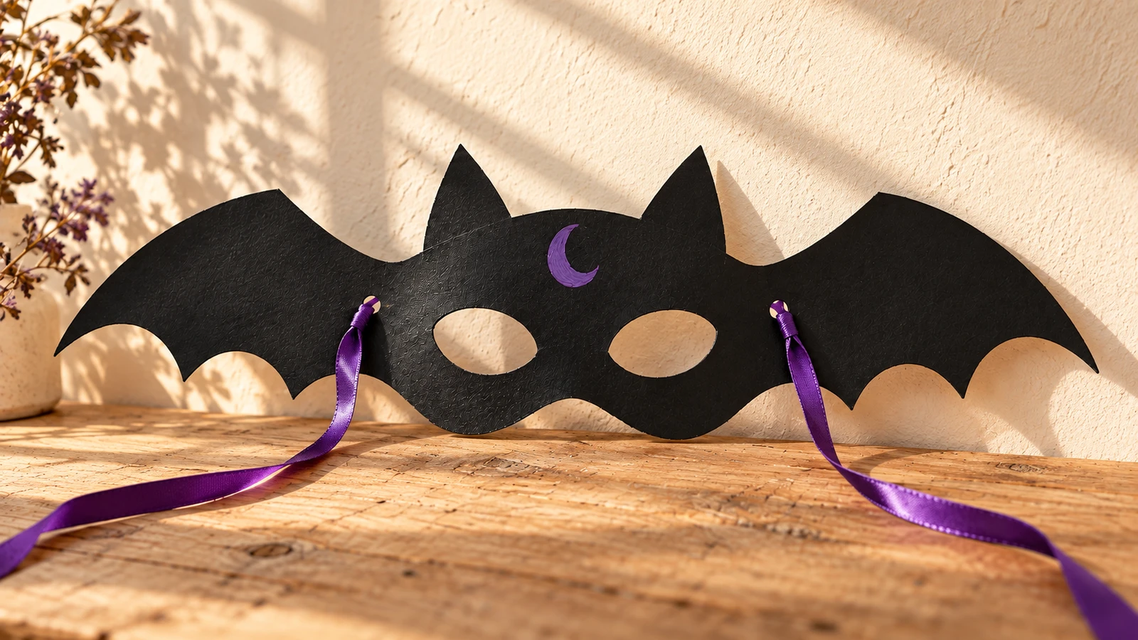 Masque chauve-souris en papier noir d'une seule pièce avec yeux ouverts et attaches violettes