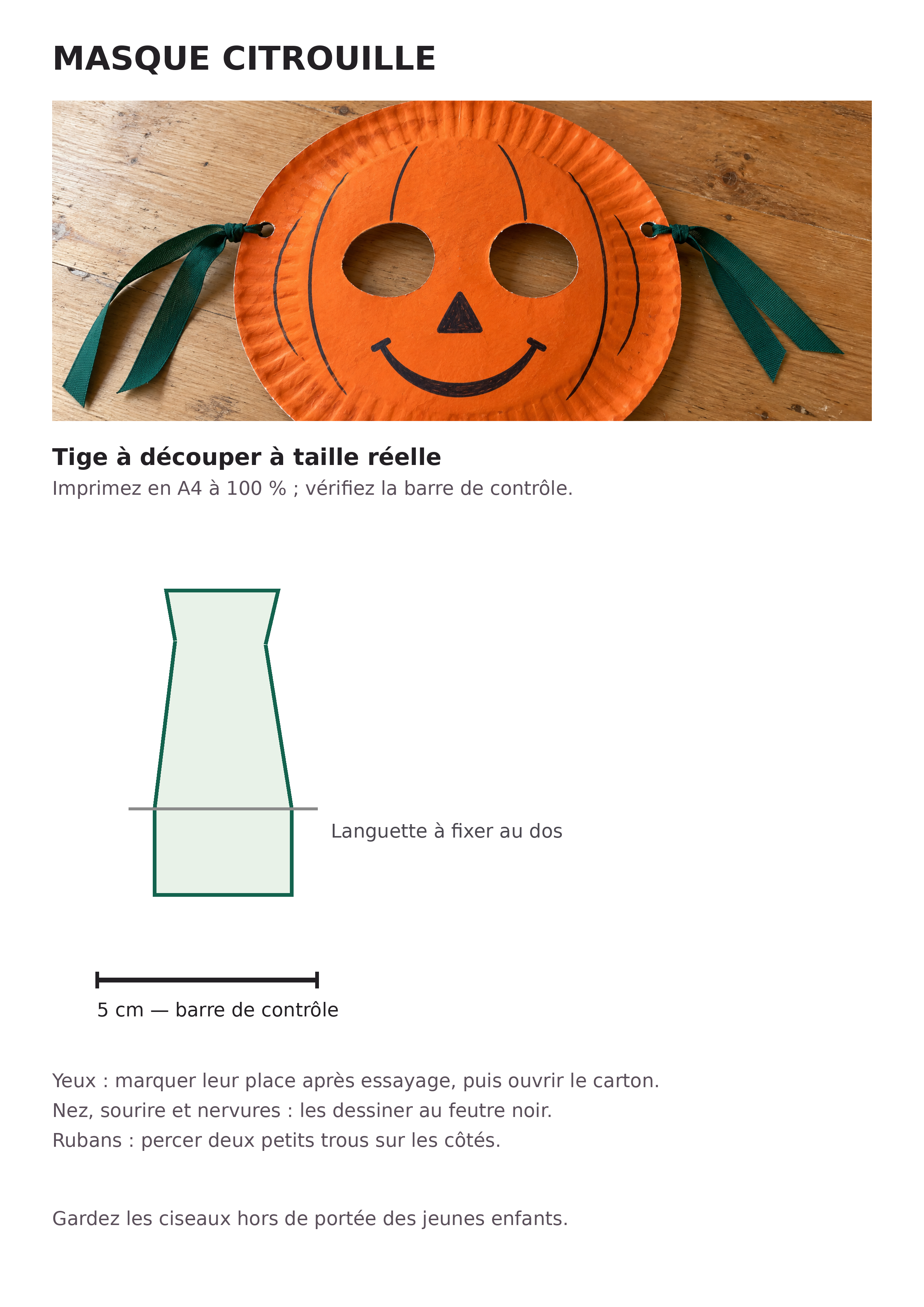Image A4 avec repères des yeux et patron original de la tige de citrouille