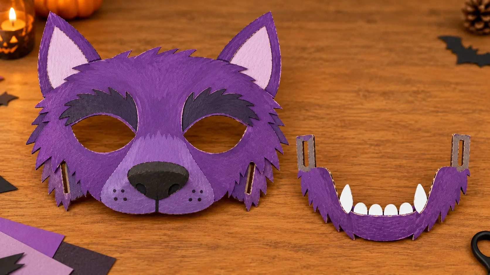 Masque de loup colorié en violet avec oreilles claires et museau foncé