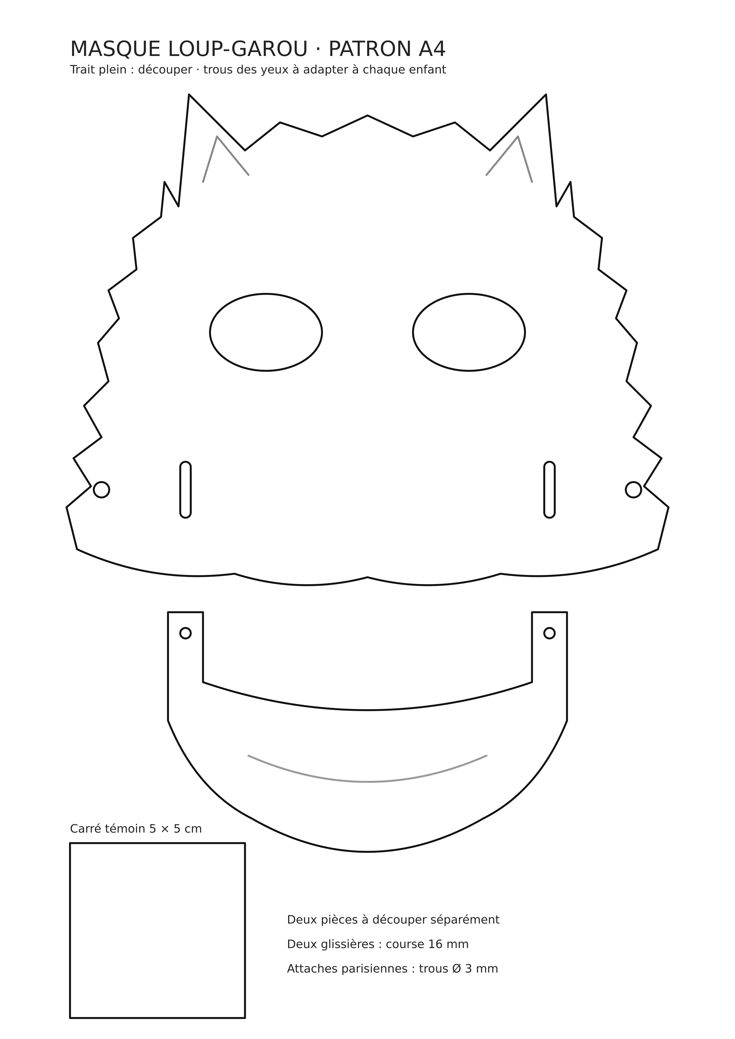 Patron A4 du masque de loup-garou avec haut de visage, deux fentes de guidage et mâchoire séparée