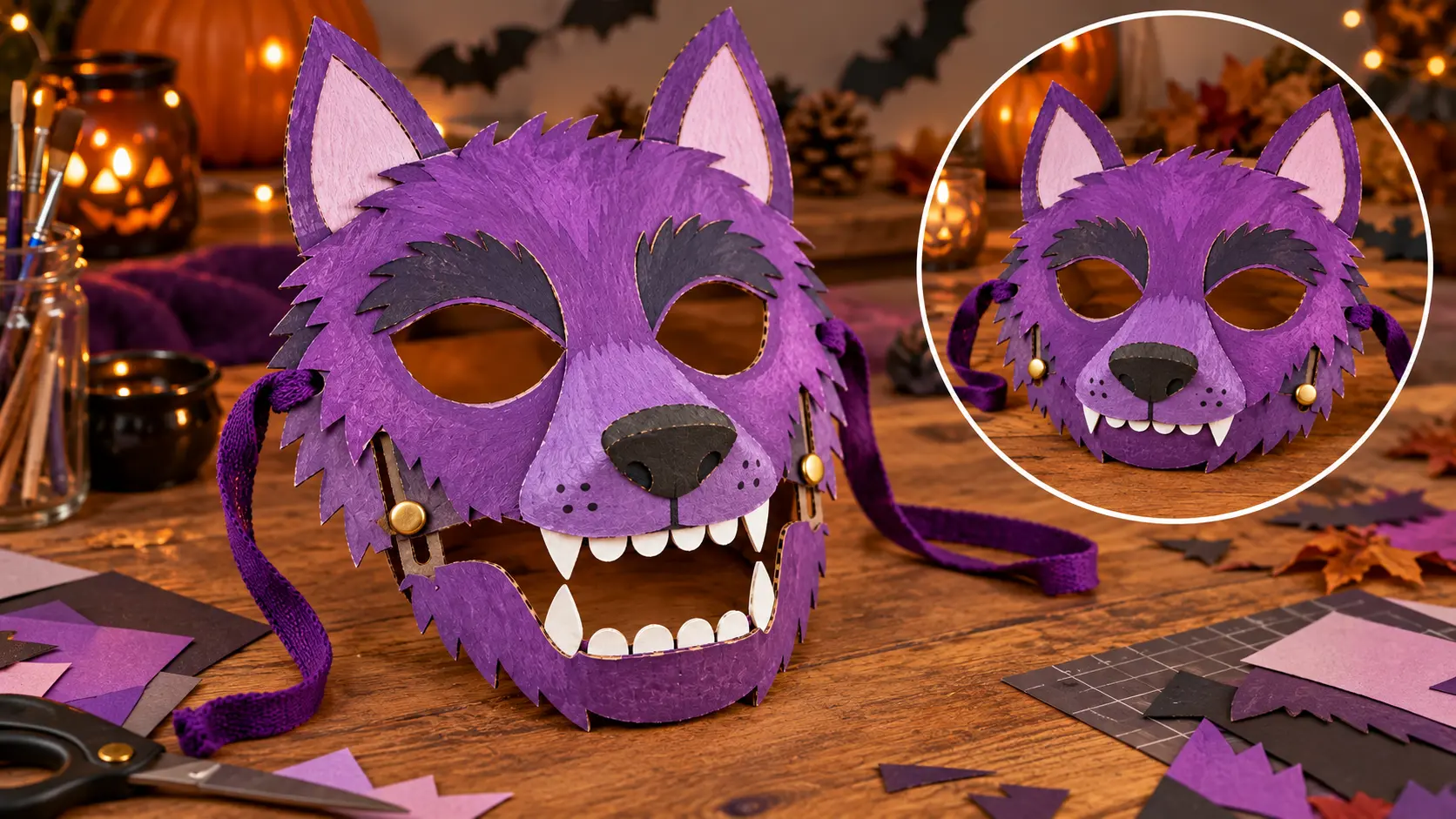 Masque de loup-garou fini montrant côte à côte la gueule fermée et ouverte