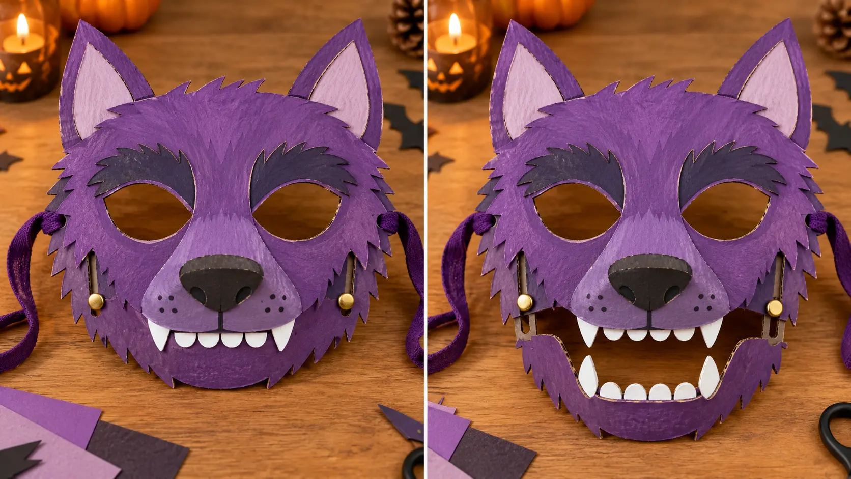 Masque de loup-garou en carton montré avec sa mâchoire fermée et ouverte