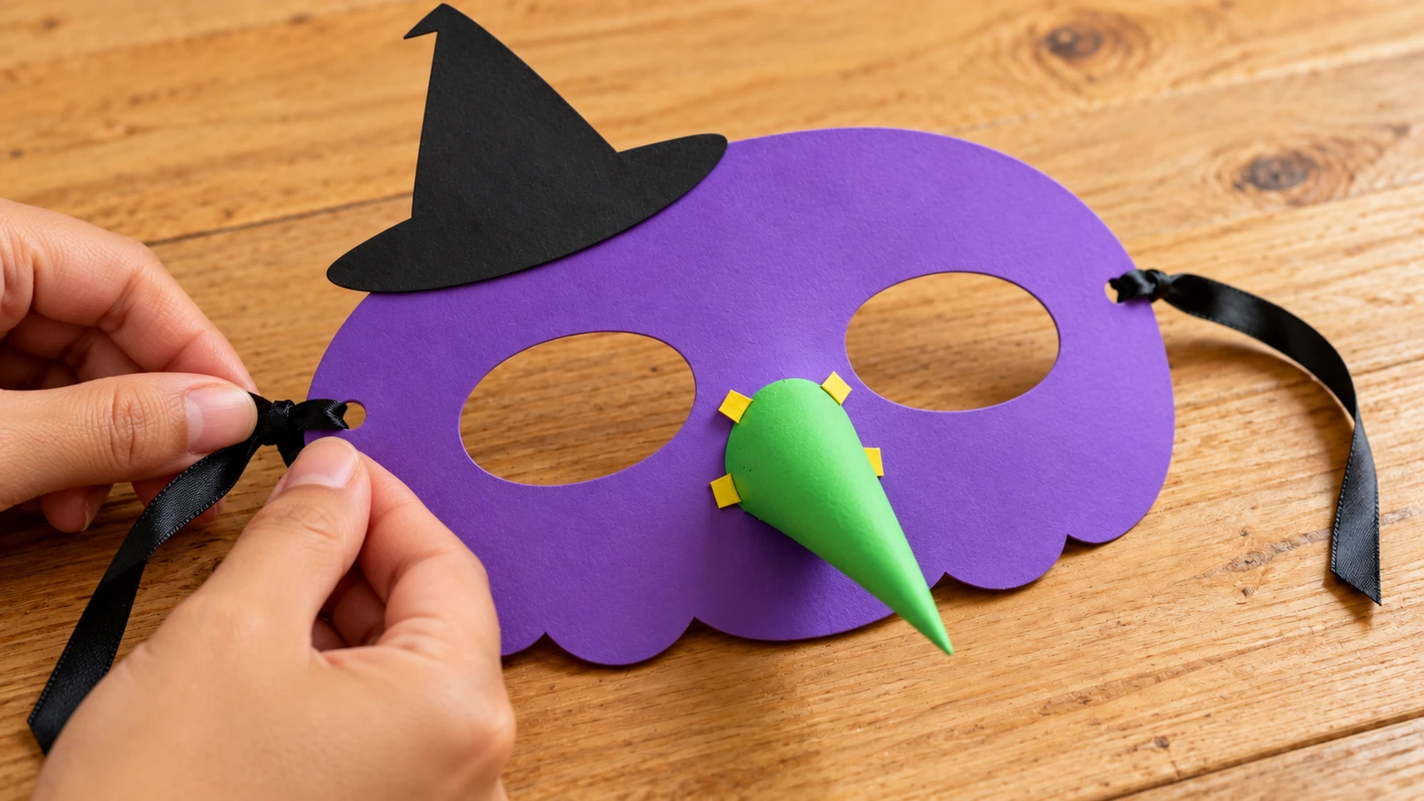 Masque de sorcière terminé avec nez vert en relief et deux rubans latéraux