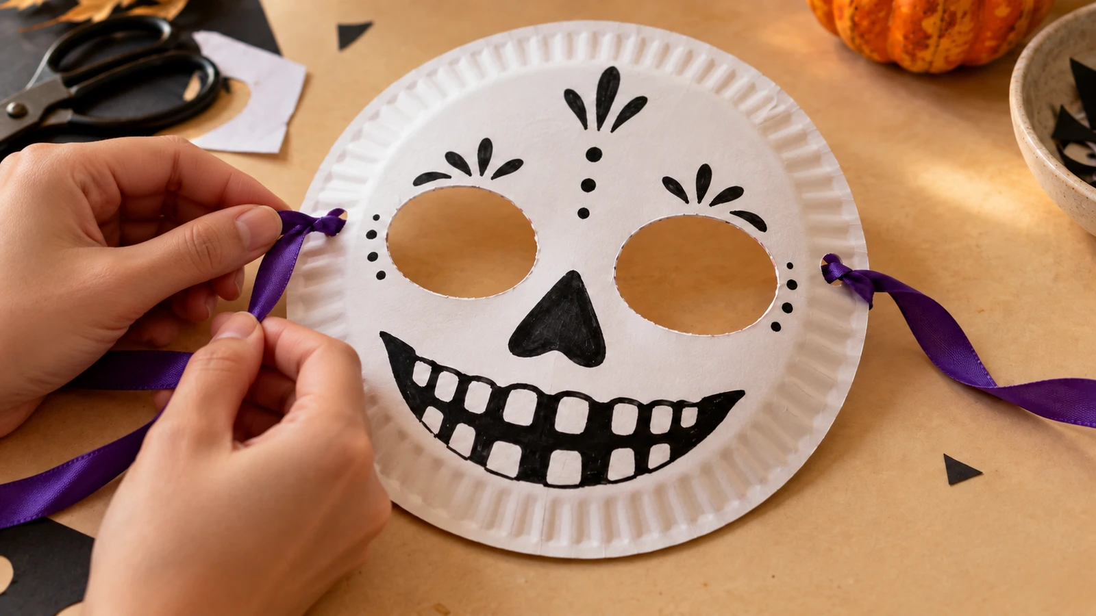 Deux rubans violets sont fixés aux côtés du masque squelette terminé
