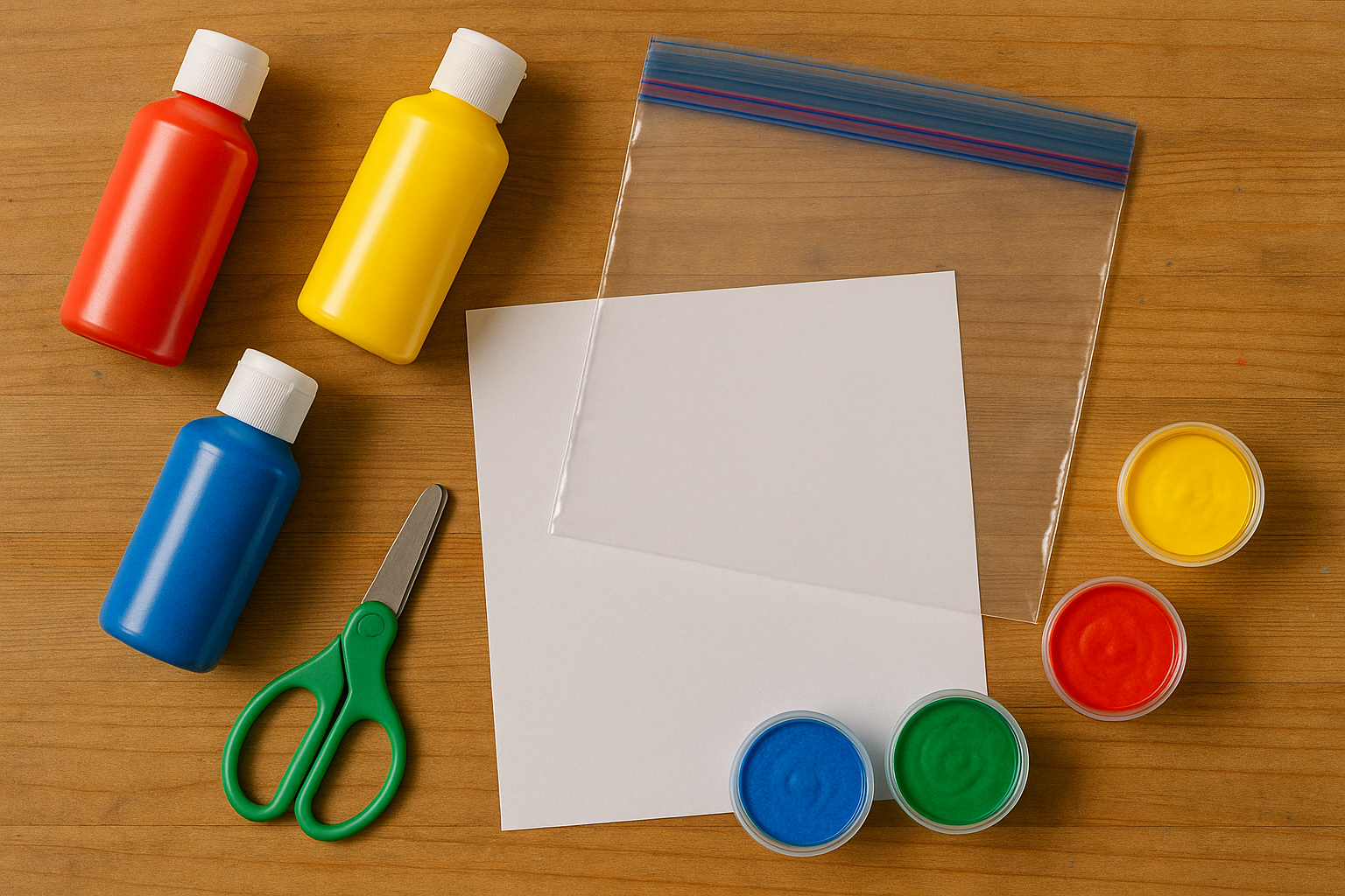 Matériel de peinture primaire, feuilles, sachet zip et pots de couleurs sur table