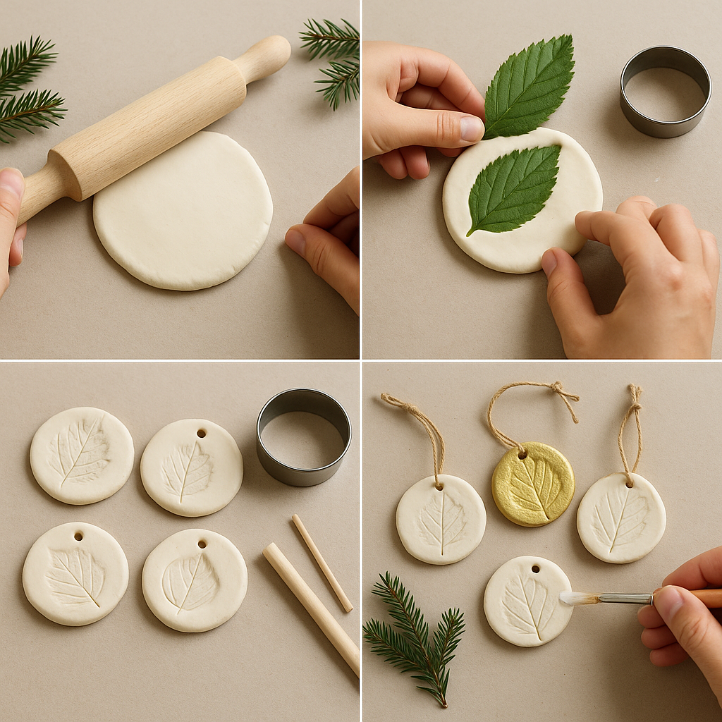 Médaillons de Noël en pâte autodurcissante avec empreintes de feuilles – tutoriel 4 étapes
