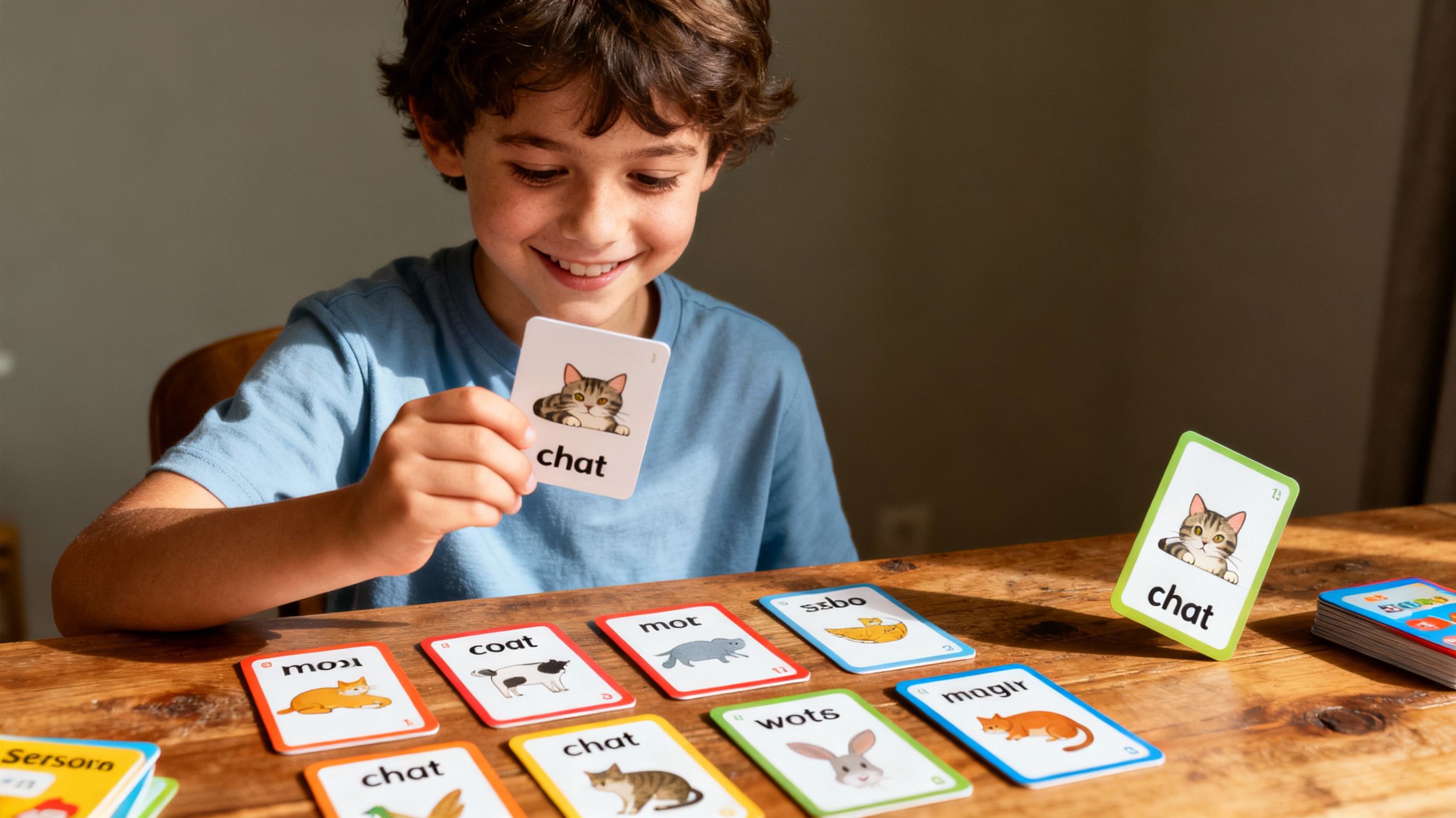 Enfant jouant au Memory des mots avec la carte chat
