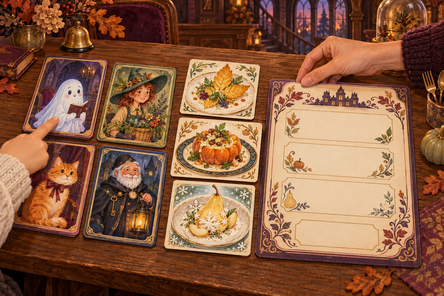 Enfant et adulte composant un menu imaginaire à partir de cartes de personnages et de plats