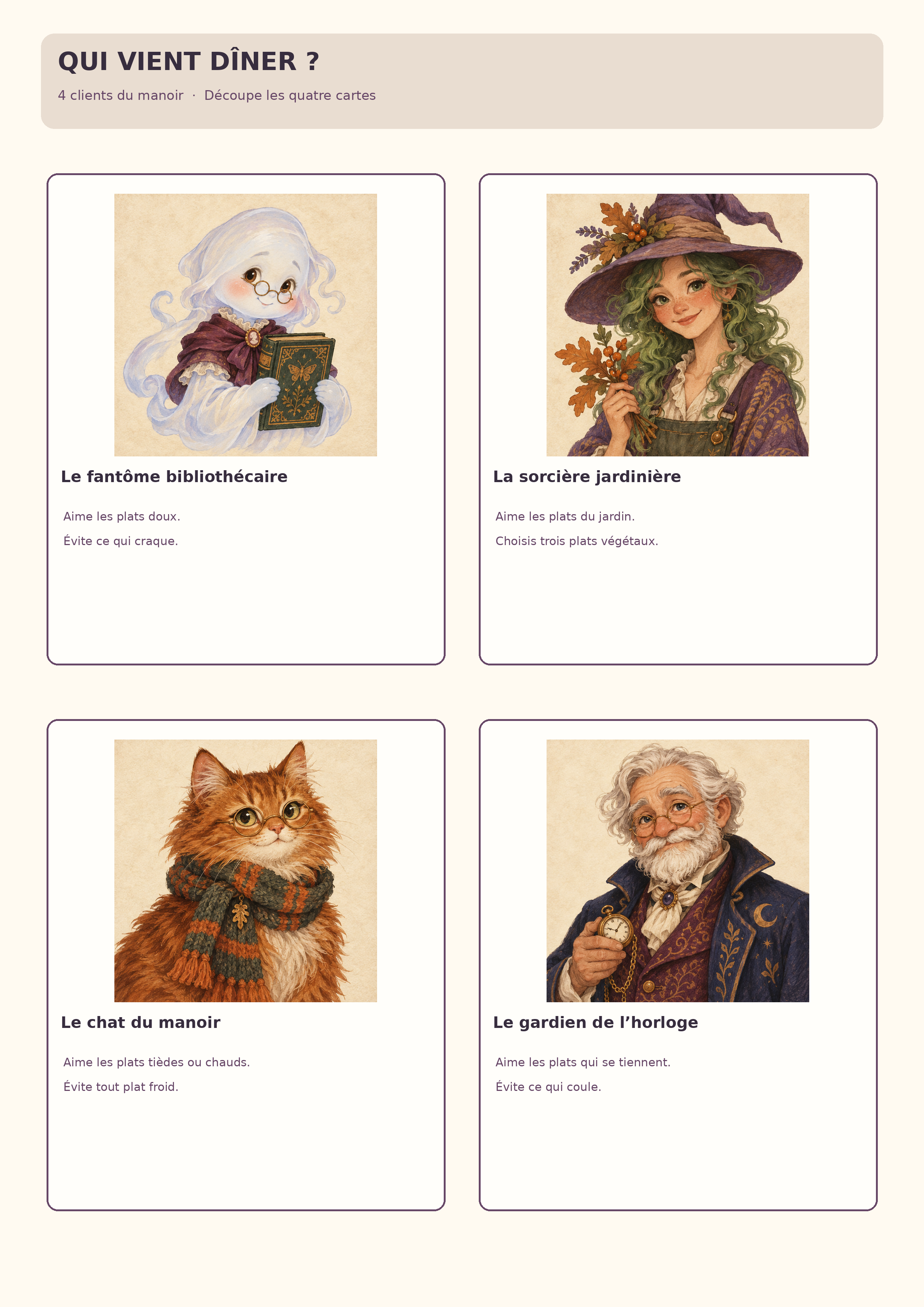 Quatre clients dessinés : fantôme, sorcière, chat et gardien de l’horloge