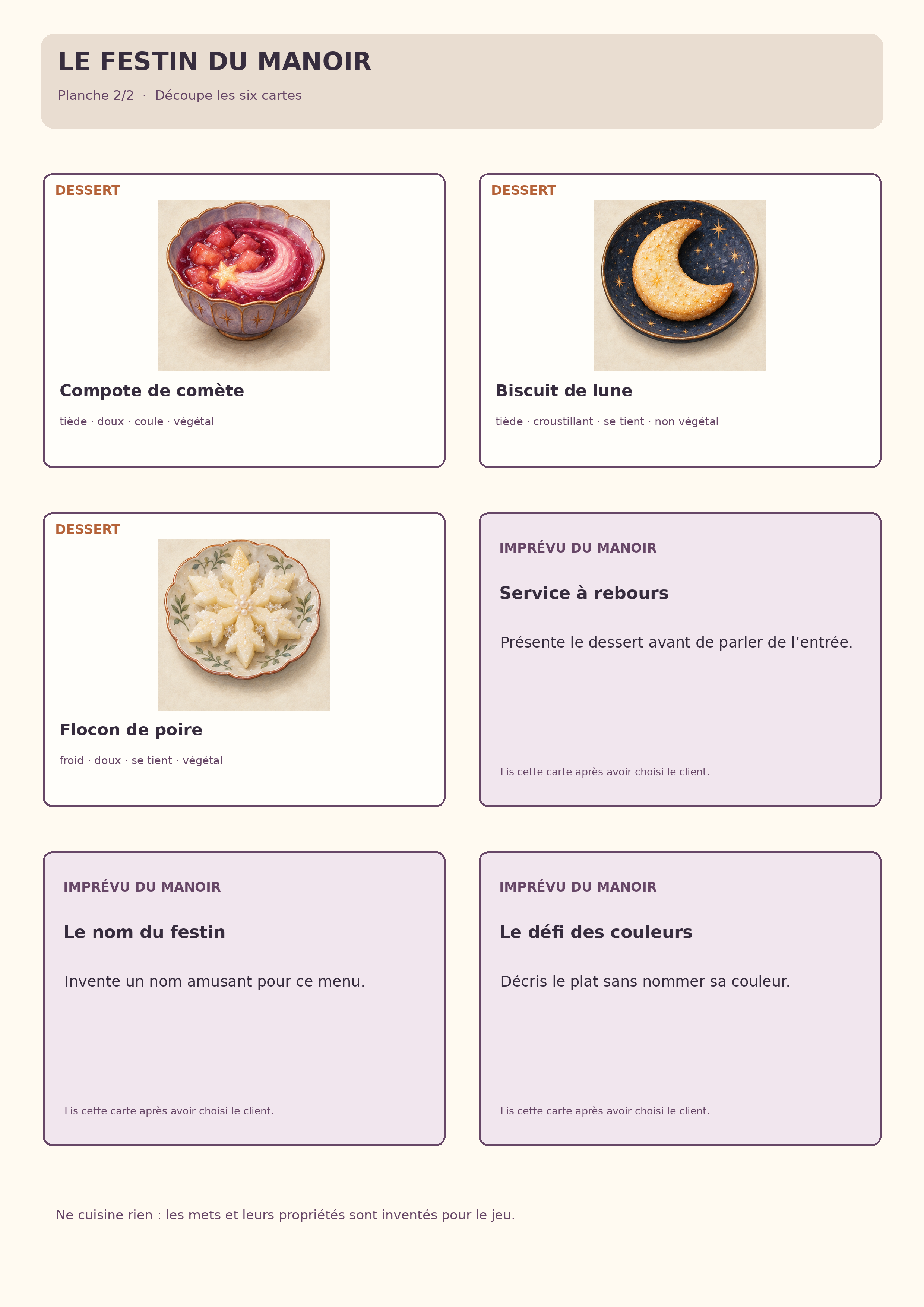 Deuxième planche A4 : trois desserts et trois cartes d’imprévus oraux