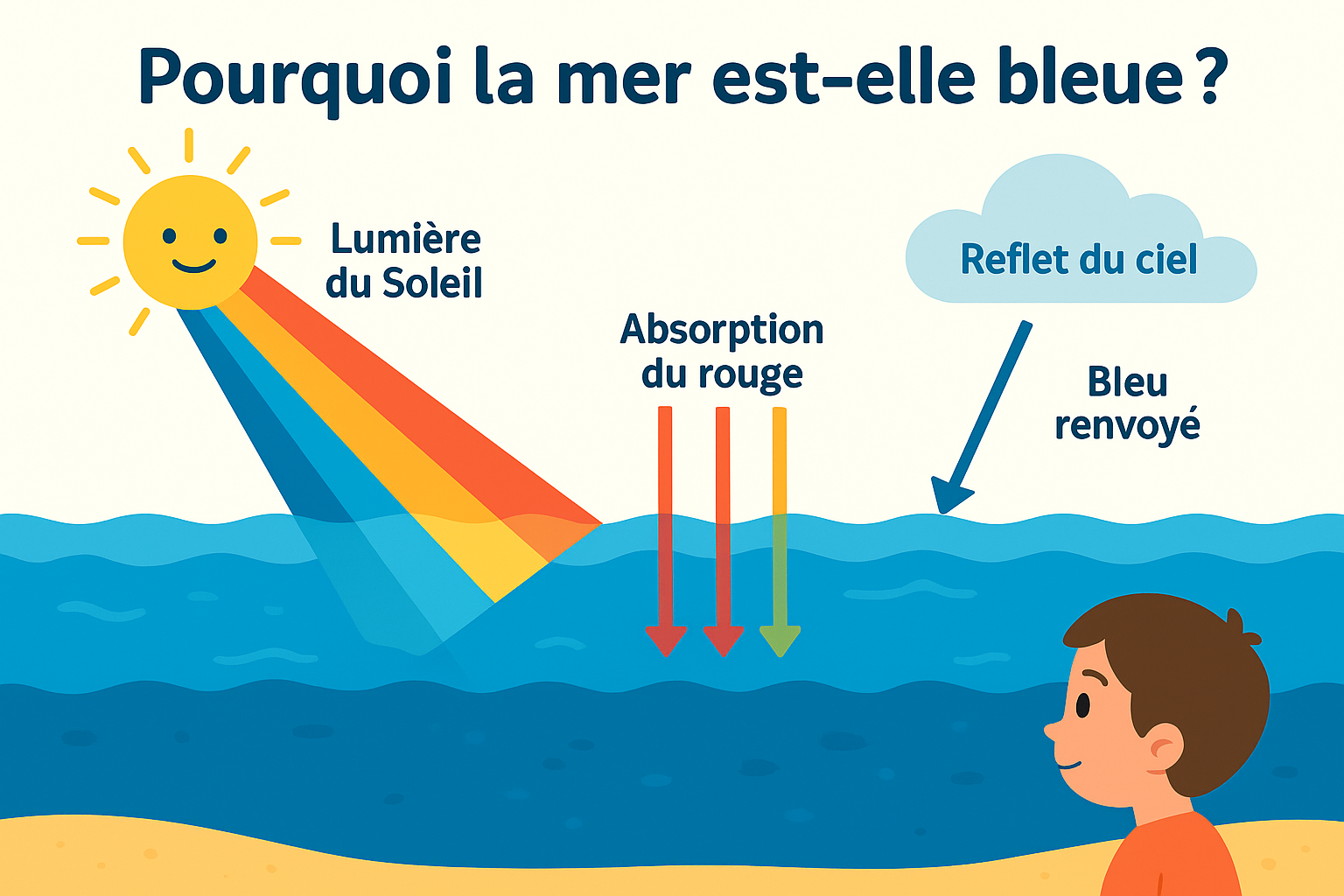 Schéma pour enfants : soleil, spectre de lumière, absorption du rouge par l'eau et bleu renvoyé vers les yeux.