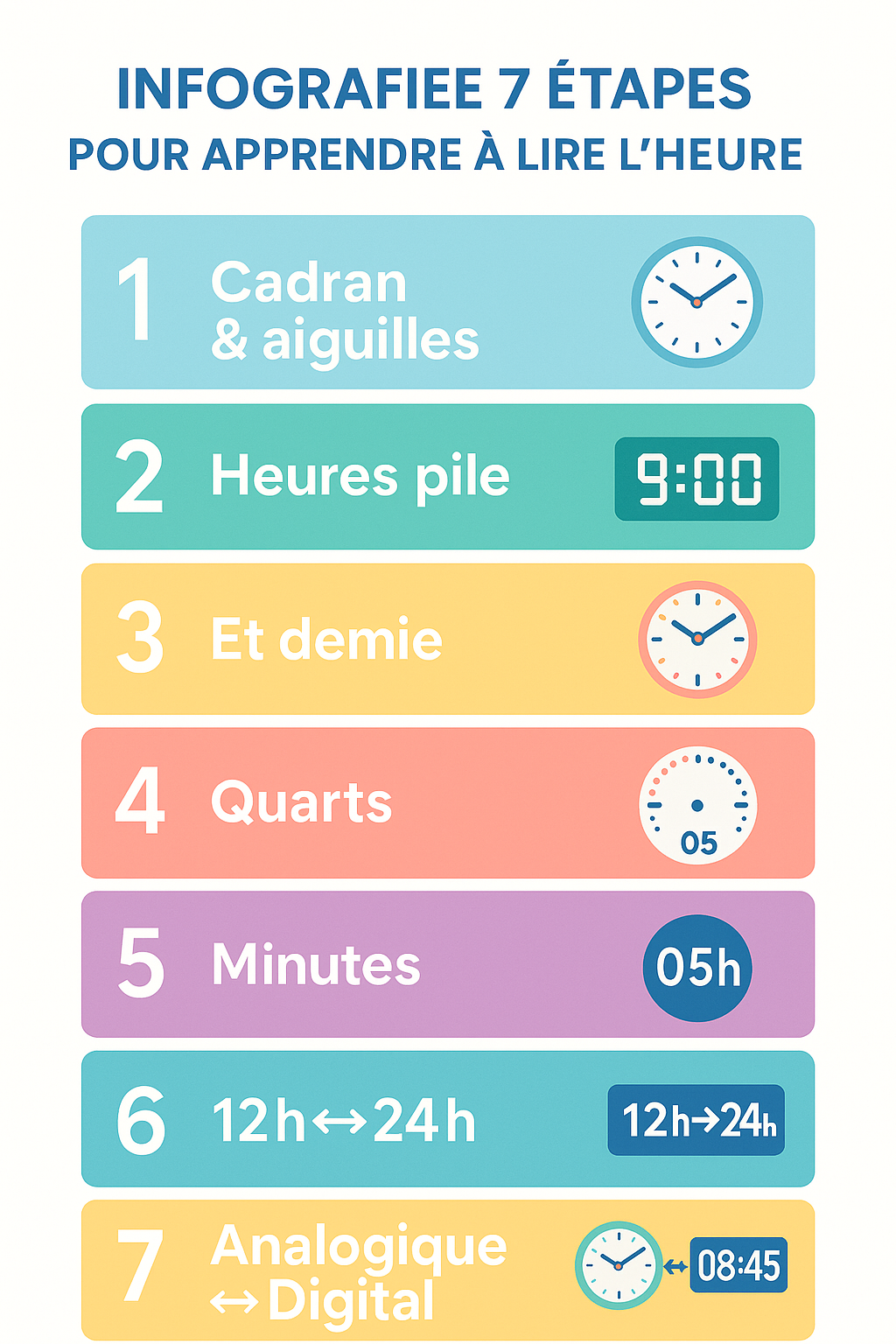Infographie apprendre à lire l’heure en 7 étapes : heures pleines, demie, quarts, minutes, 12h/24h, analogique ? digital