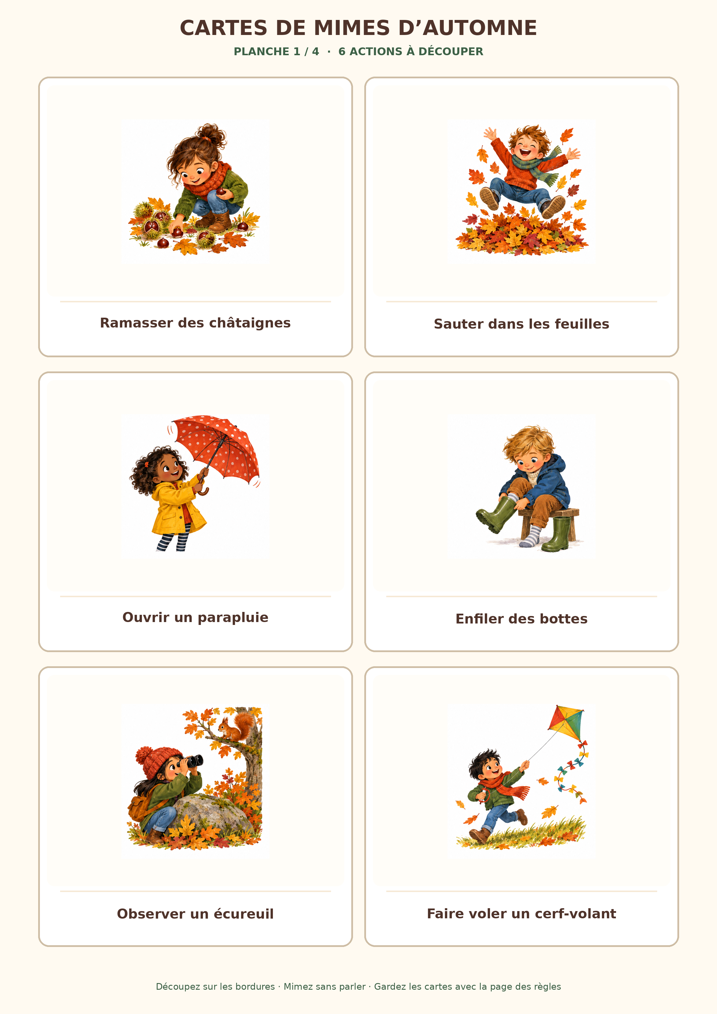 Première planche de six cartes de mimes d’automne illustrées à découper