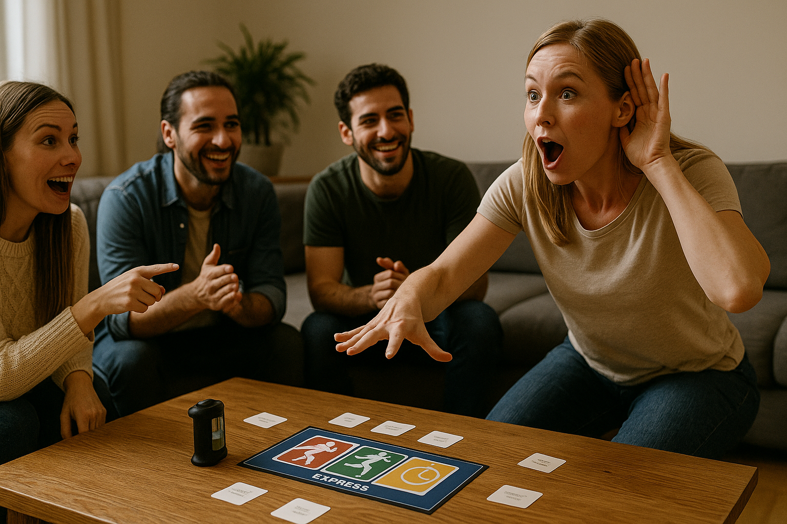 Une personne mime une action pendant que son équipe devine en riant.