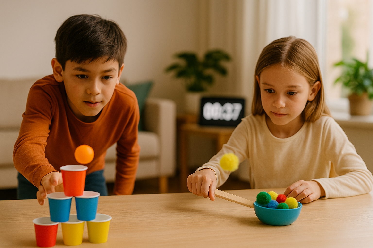 Enfants jouant à des défis Minute to Win It : gobelets, pompons, ping-pong
