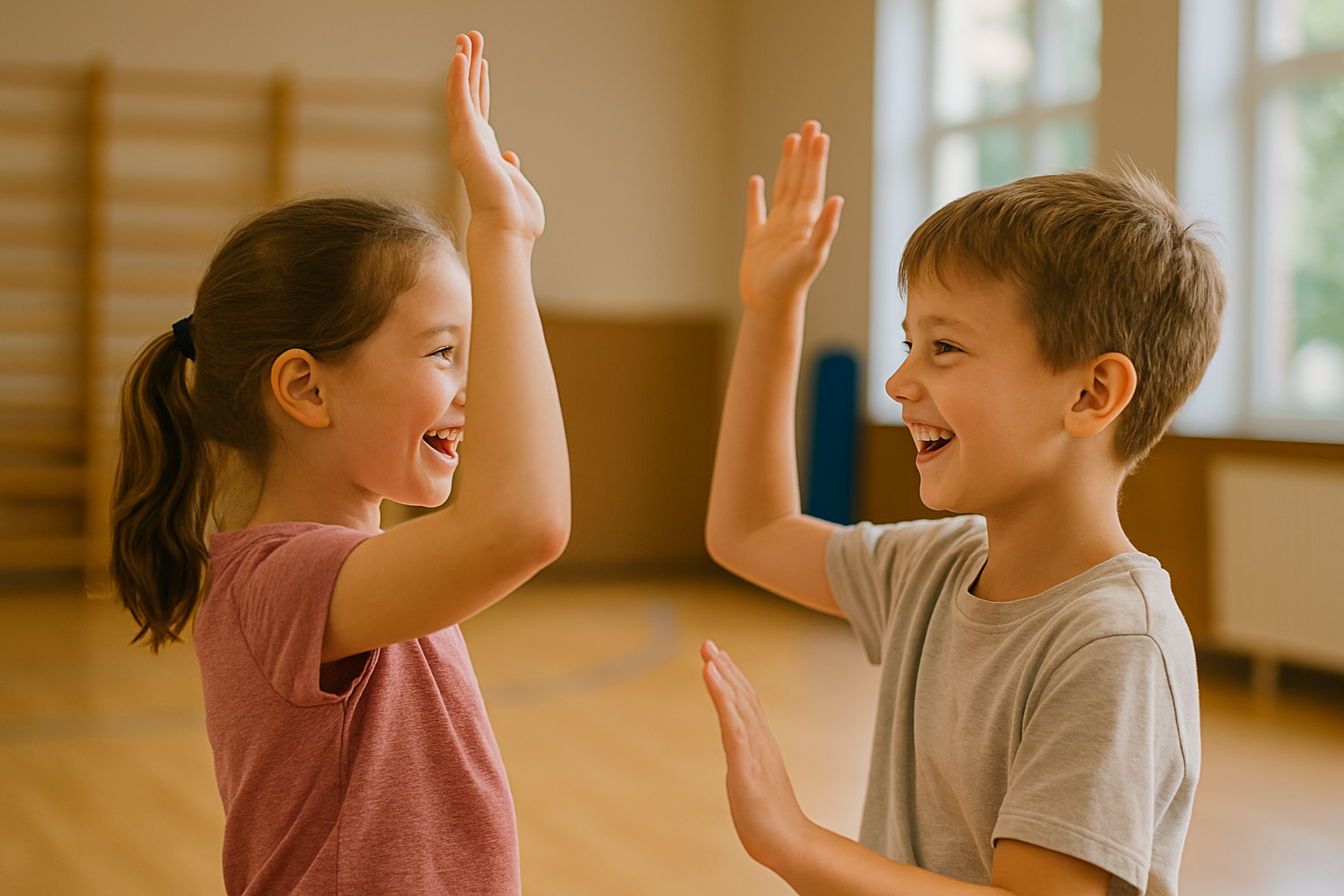 Deux enfants se font face et synchronisent leurs mouvements, jeu du miroir