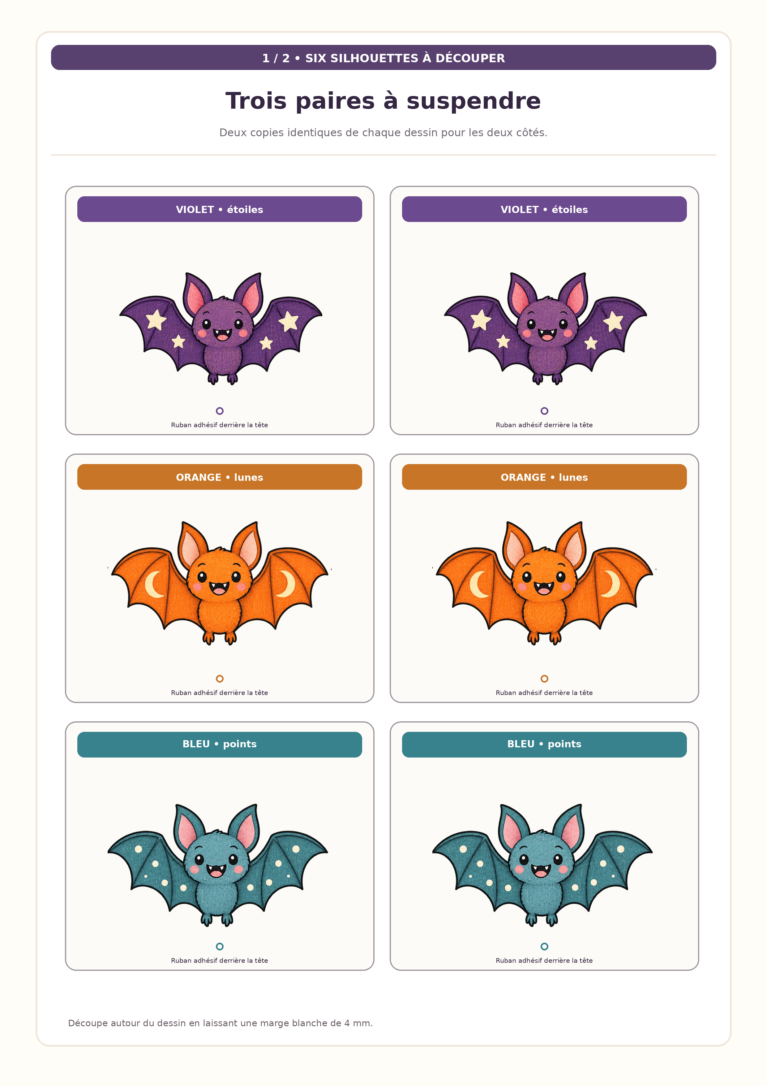 Planche A4 montrant deux chauves-souris violettes, deux oranges et deux bleues à découper