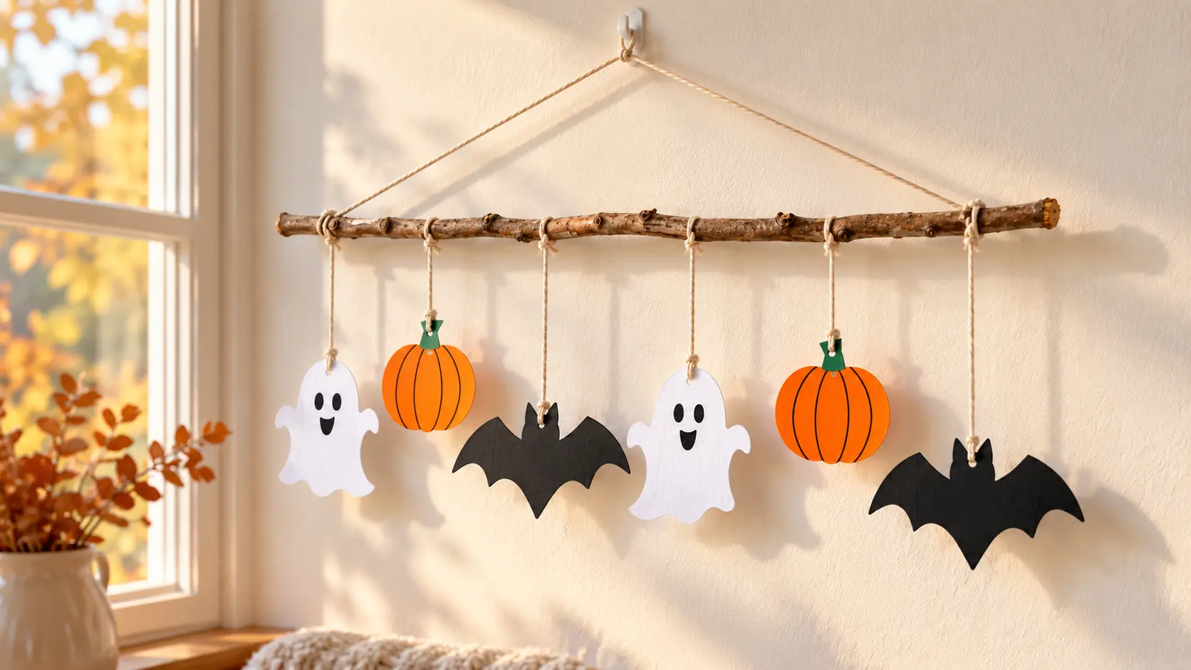 Résultat final : Mobile Halloween à fabriquer : fantômes, citrouilles et chauves-souris