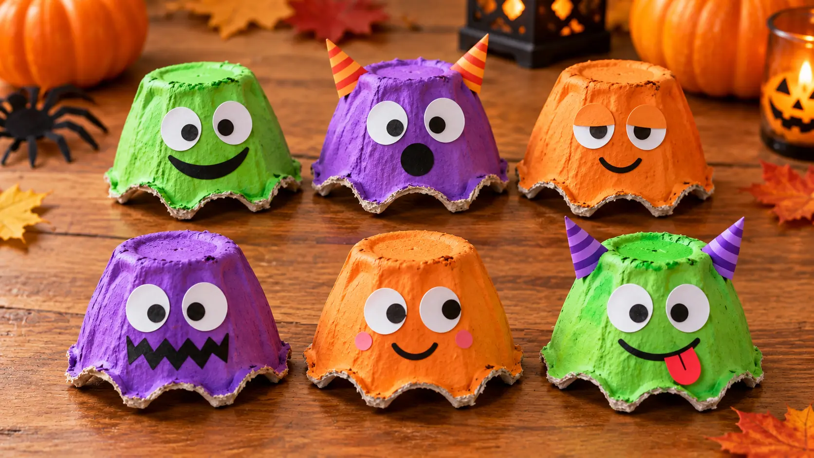 Résultat final : Monstres Halloween avec une boîte à œufs : bricolage à six alvéoles