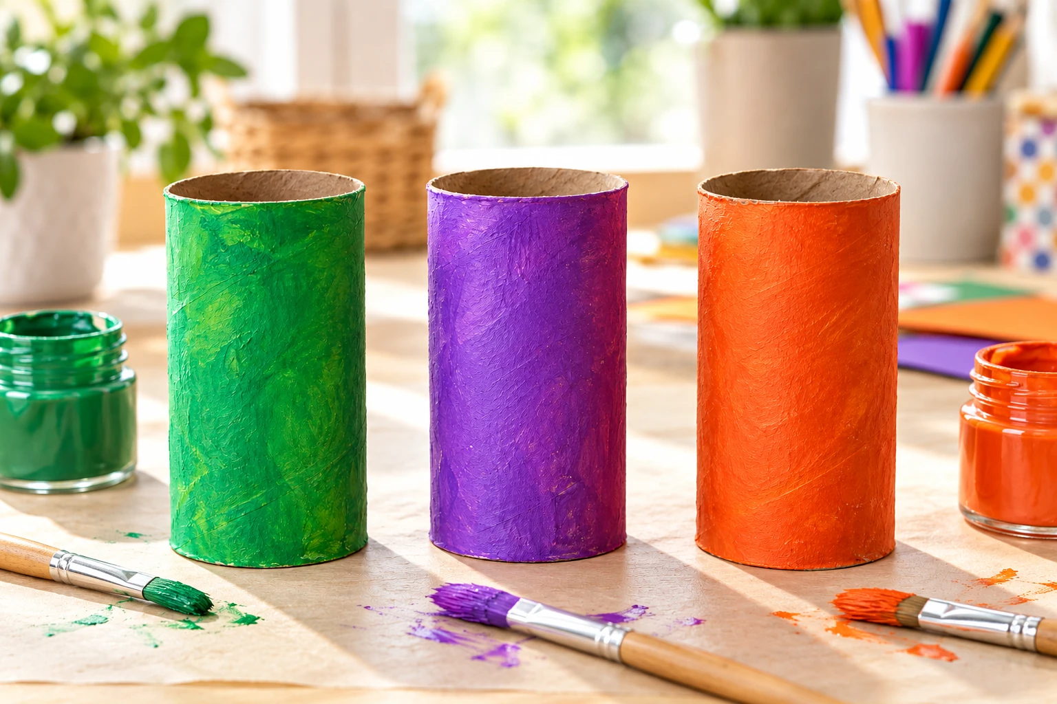 Trois rouleaux peints en vert, violet et terracotta avant décoration