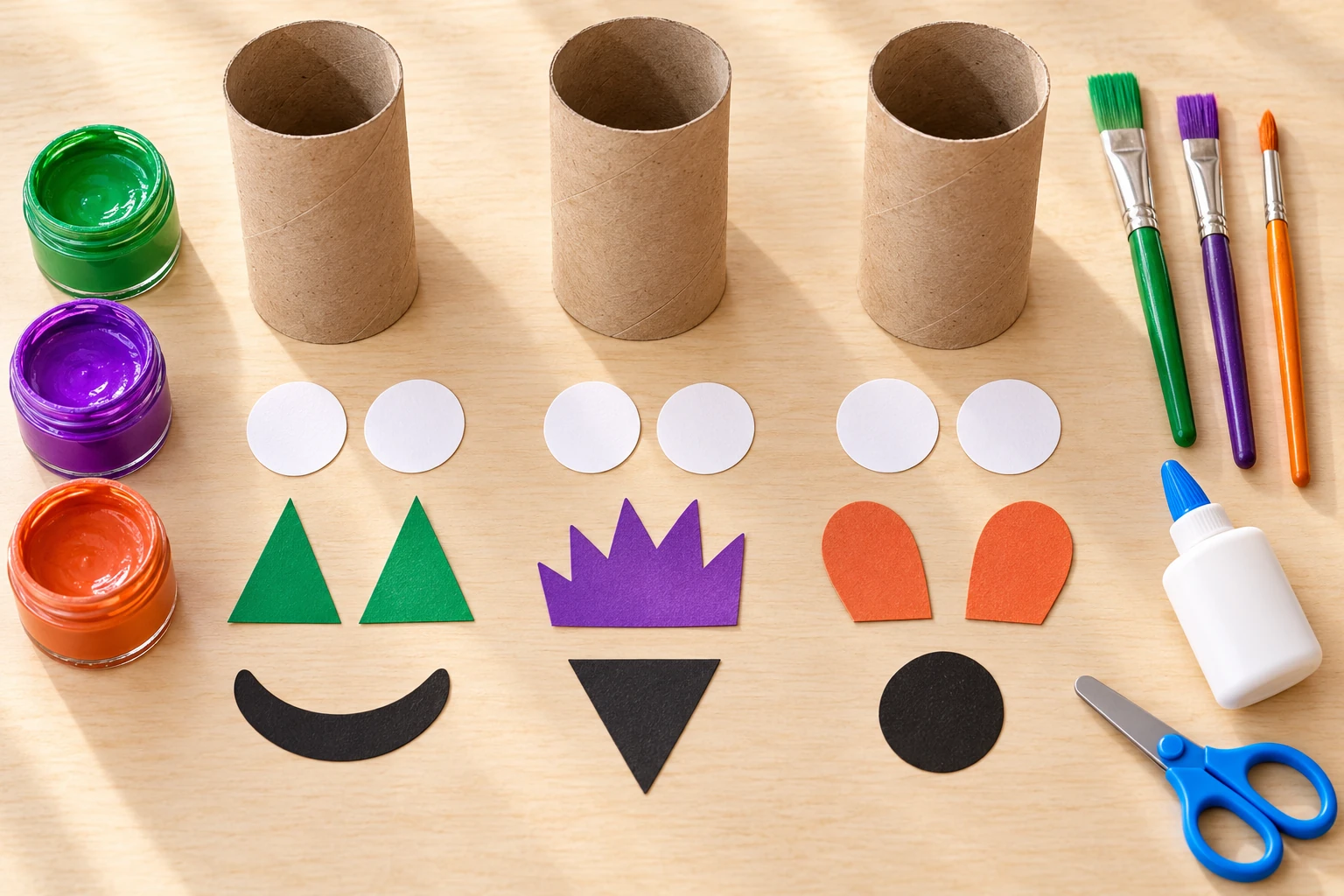 Trois rouleaux en carton et matériel de peinture pour monstres Halloween