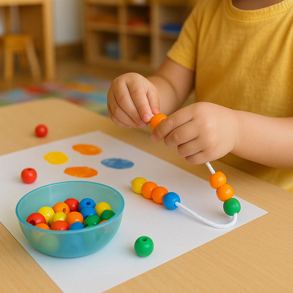 Enfant qui enfile des perles colorées sur un fil rigide, focalisé sur ses doigts.
