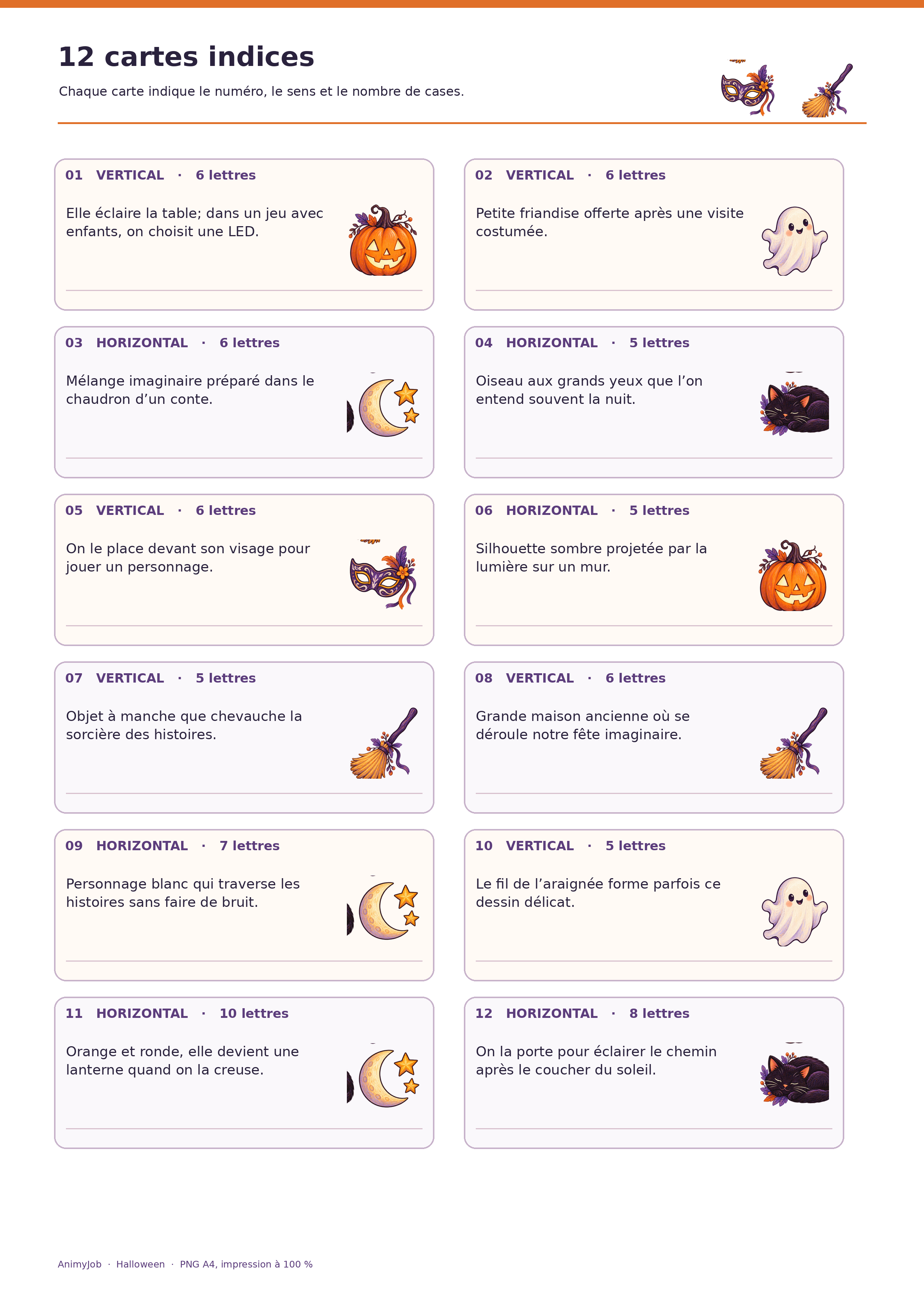 Douze cartes indices Halloween indiquant numéro, sens horizontal ou vertical et nombre de lettres