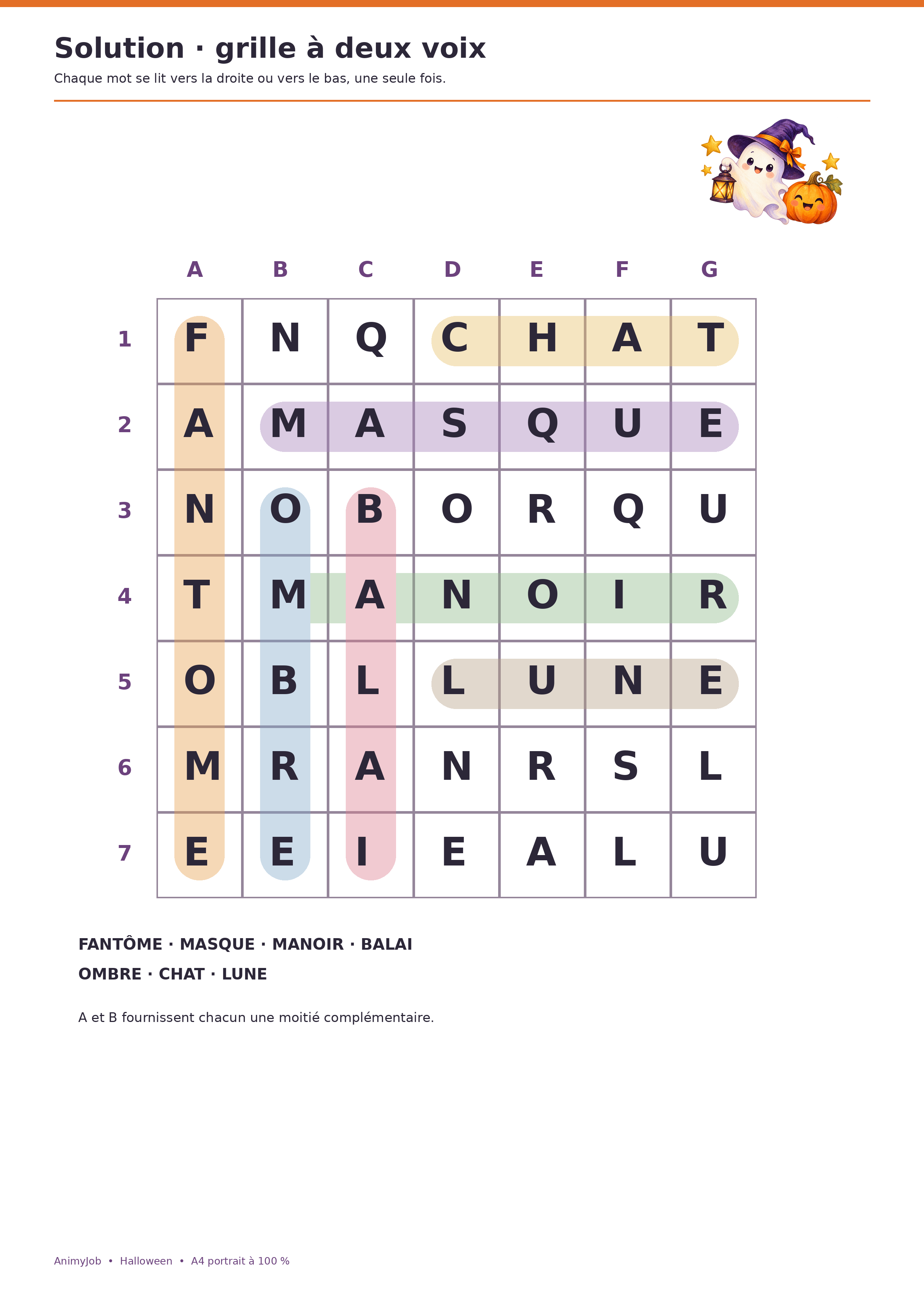 Corrigé de la grille commune avec les sept mots Halloween surlignés