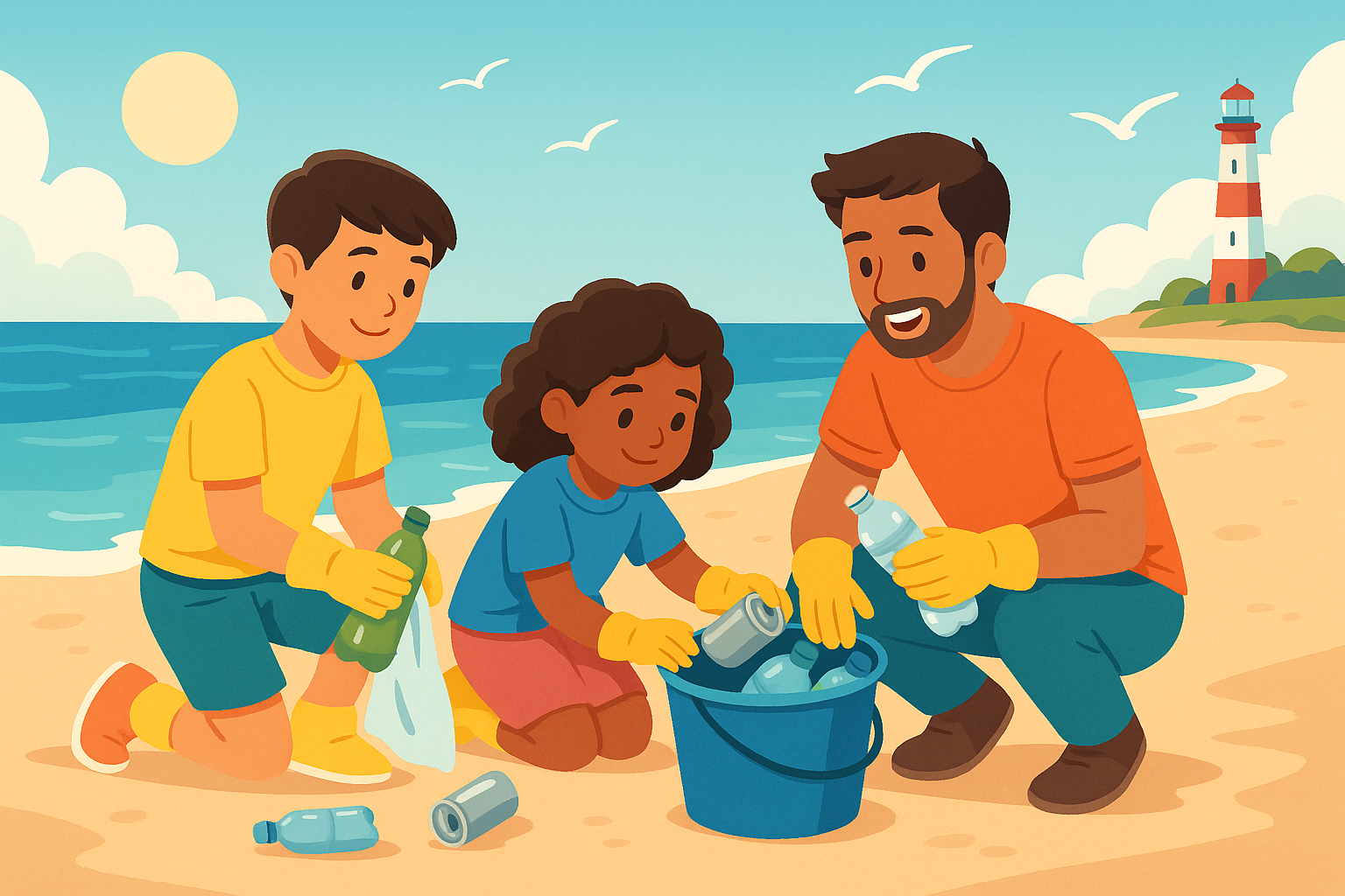 Famille ramassant des déchets lors d’un nettoyage de plage
