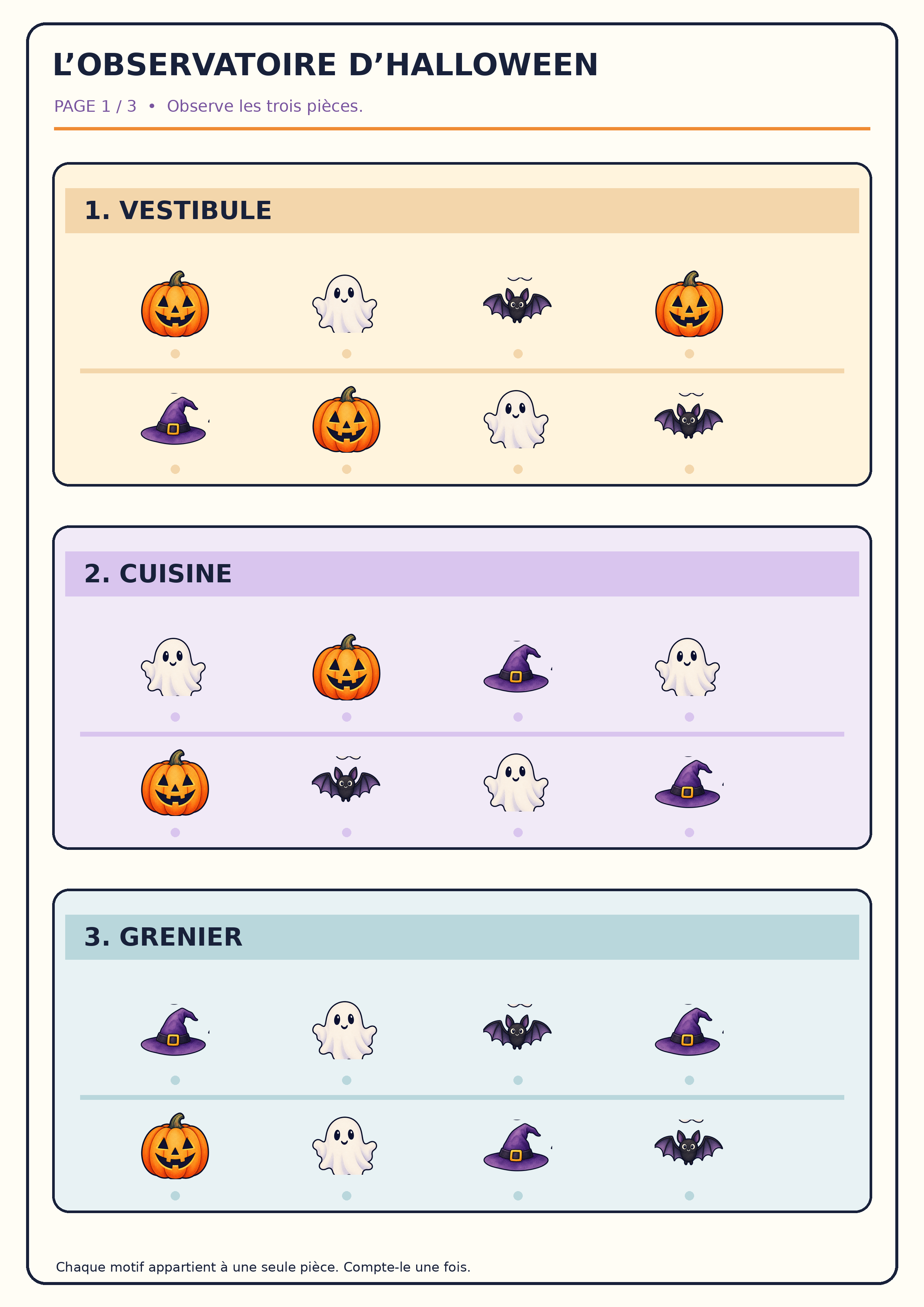 Feuille A4 des trois pièces du manoir avec 24 motifs Halloween à compter
