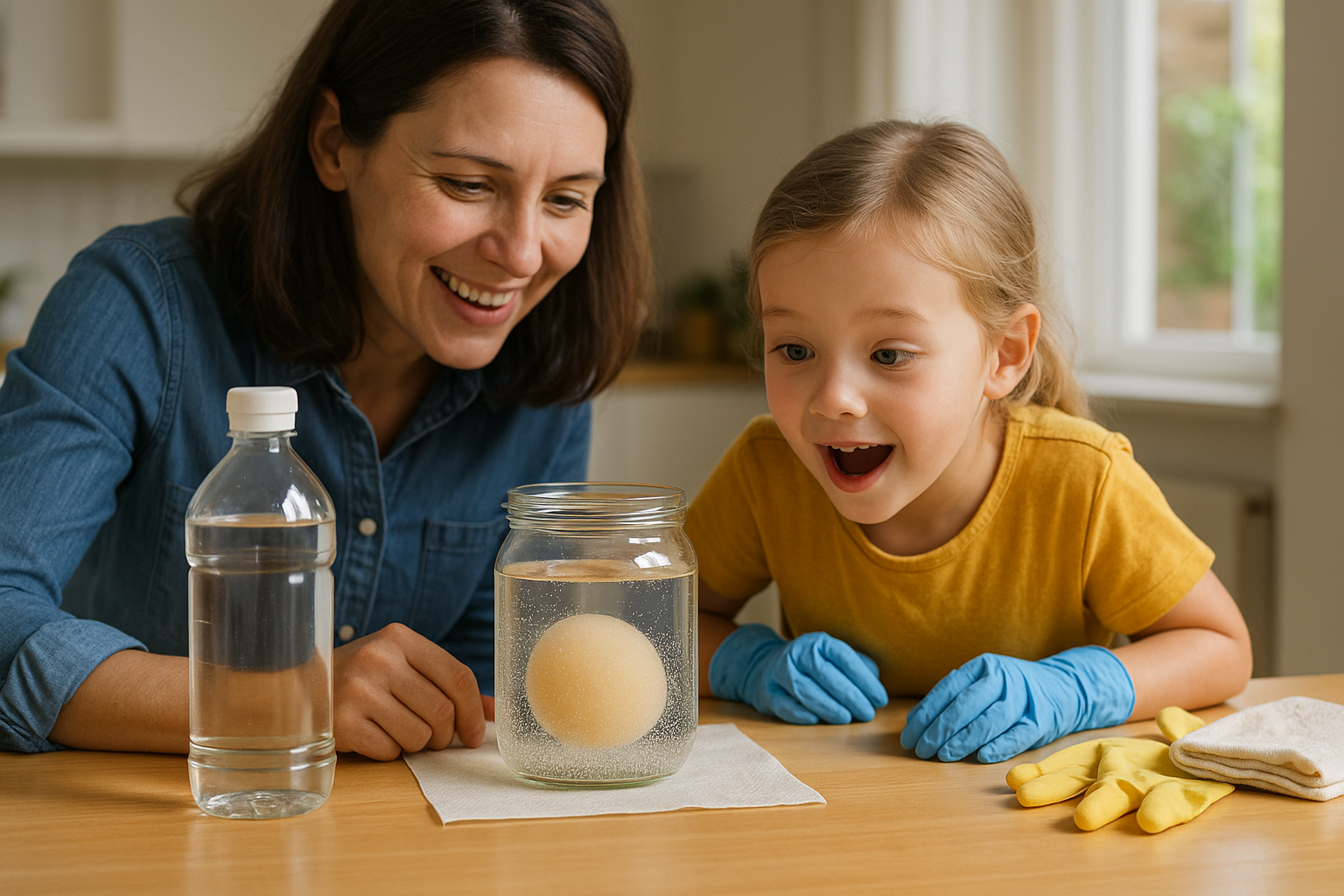 Gros plan d’un œuf dans un bocal de vinaigre avec des bulles de CO? qui se forment sur la coquille