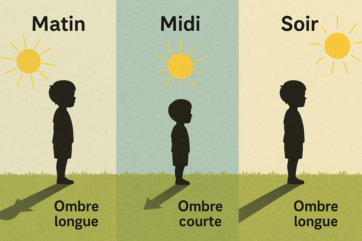 Comparatif ombre longue le matin, courte à midi, longue le soir