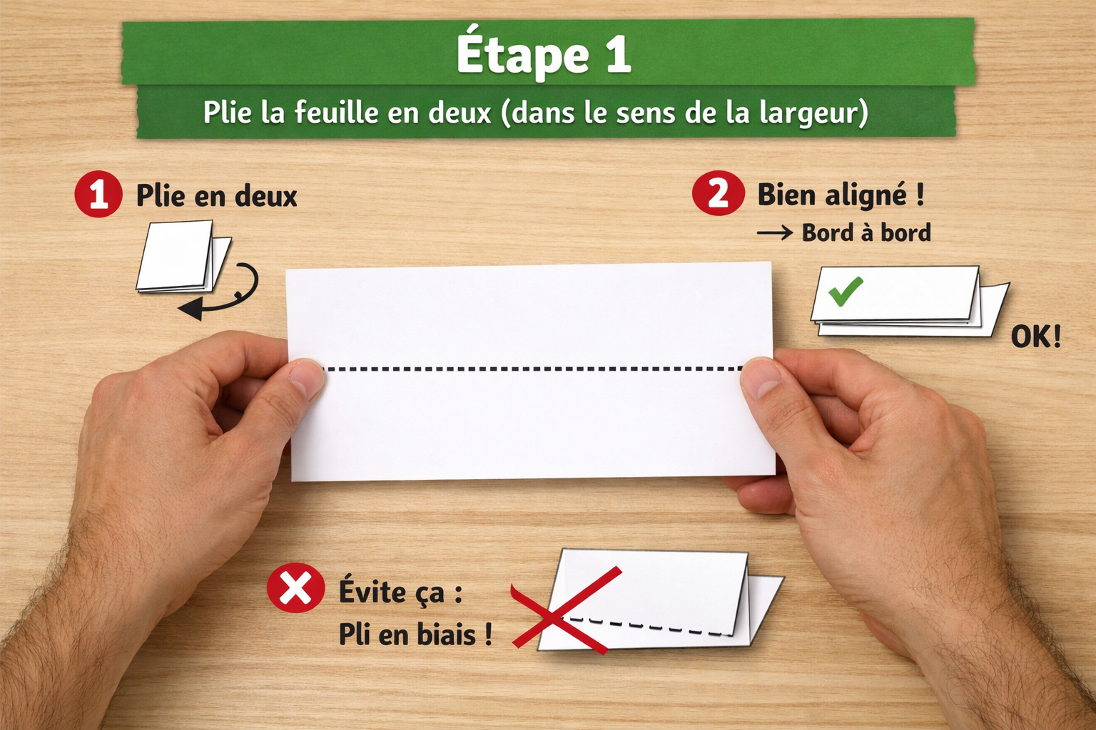 Origami grenouille qui saute - Étape 1 : plier la feuille en deux dans le sens de la largeur