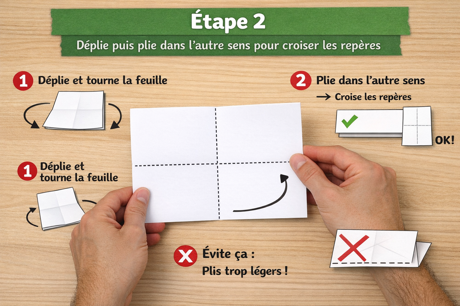 Origami grenouille qui saute - Étape 2 : déplier et faire l'autre pli central