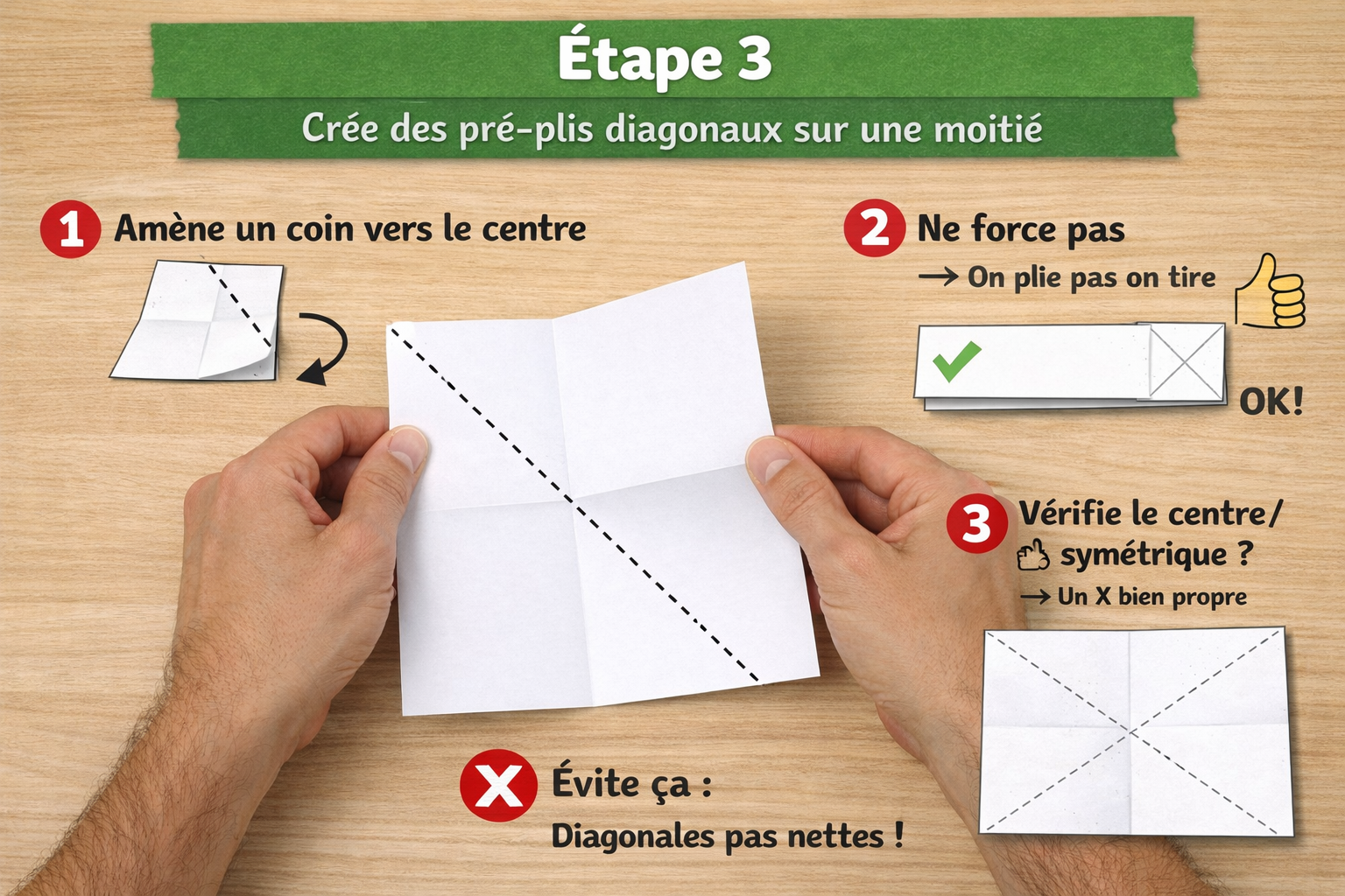 Origami grenouille qui saute - Étape 3 : faire des plis en diagonale sur une moitié