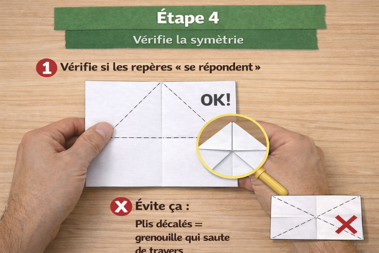 Origami grenouille qui saute - Étape 4 : vérifier la symétrie