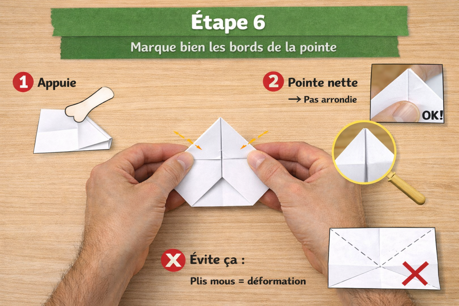 Origami grenouille qui saute - Étape 6 : marquer les bords de la pointe