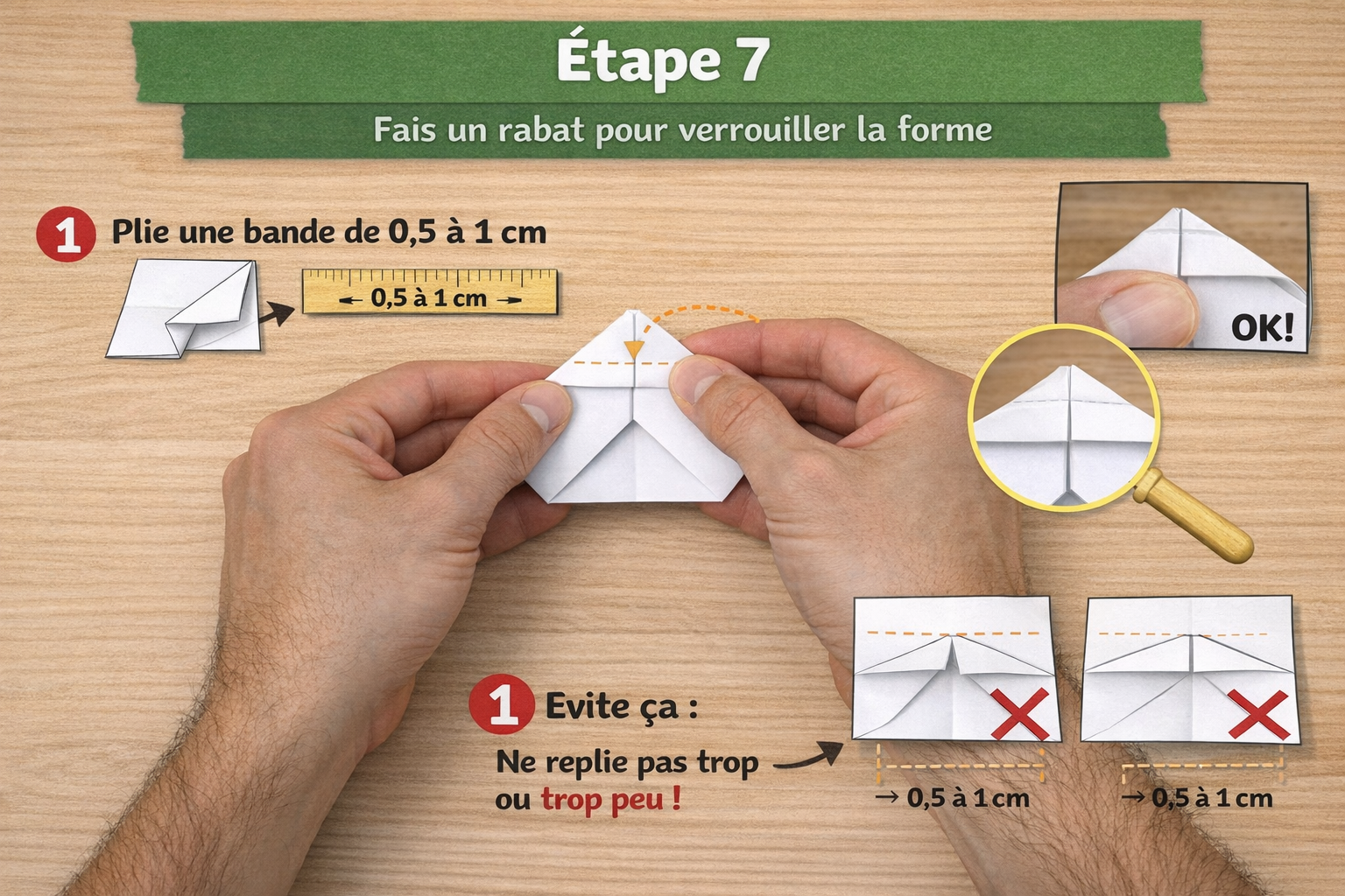 Origami grenouille qui saute - Étape 7 : replier un petit rabat pour verrouiller