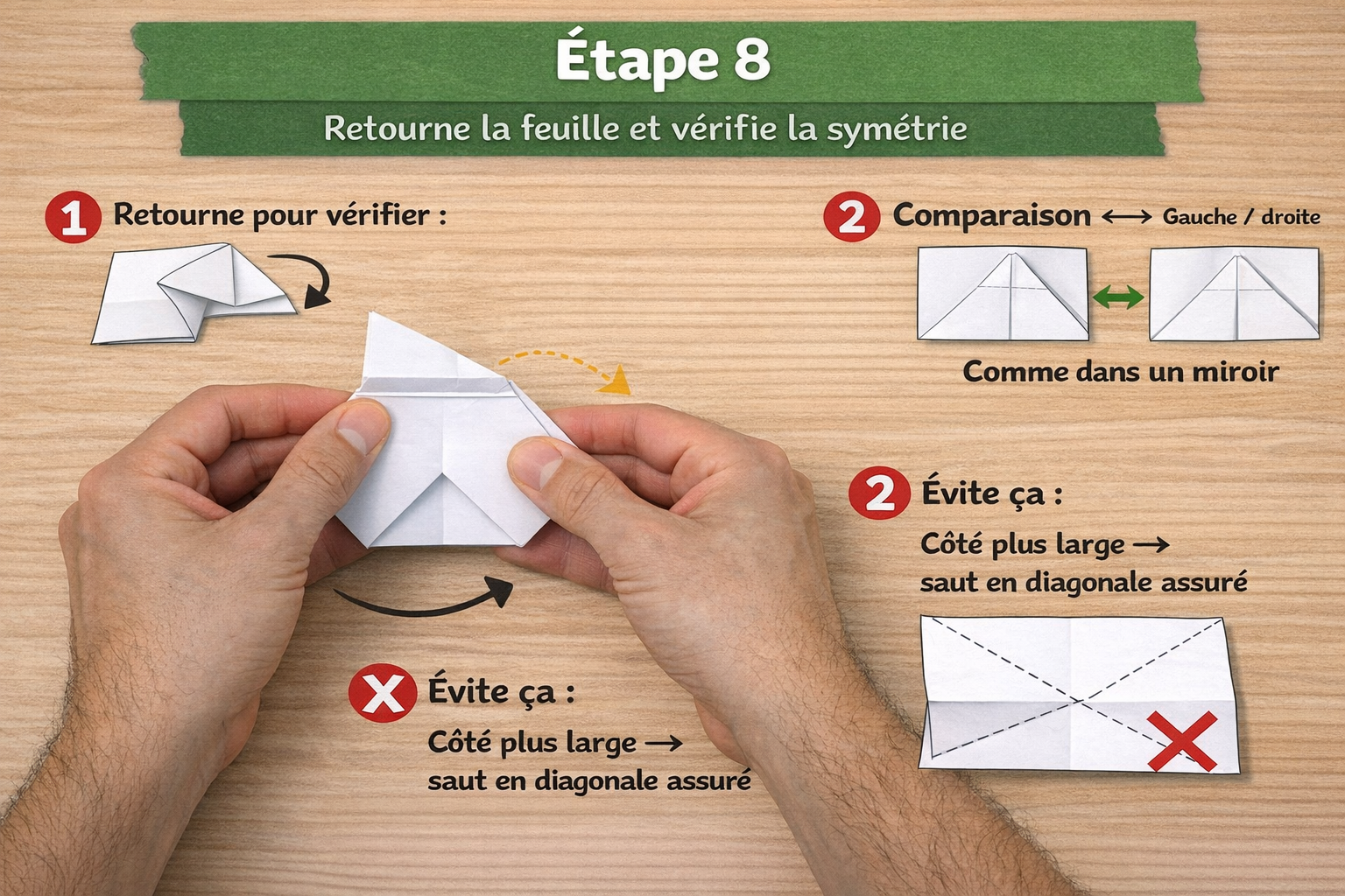Origami grenouille qui saute - Étape 8 : retourner et vérifier l'alignement