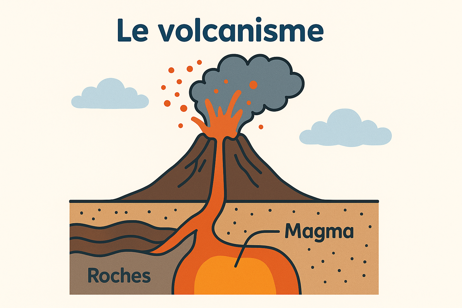 Triptyque : subduction, dorsale/rift et point chaud avec flèches de magma