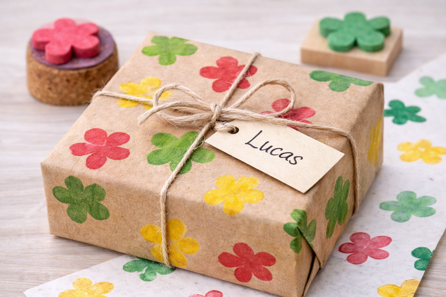 Papier cadeau kraft décoré avec des tampons maison, format paysage