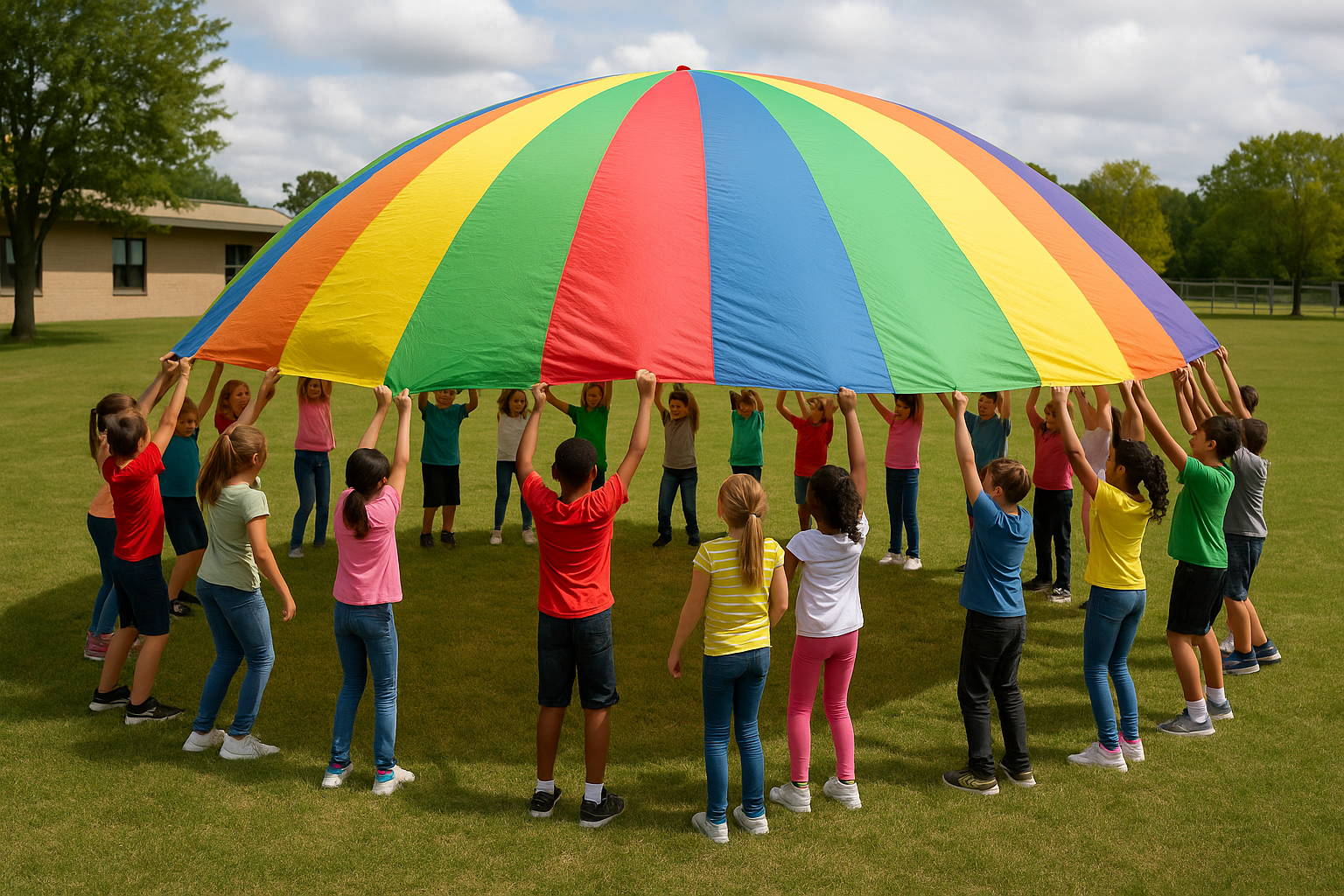 Parachute géant multicolore levé par un grand groupe d'enfants sur pelouse