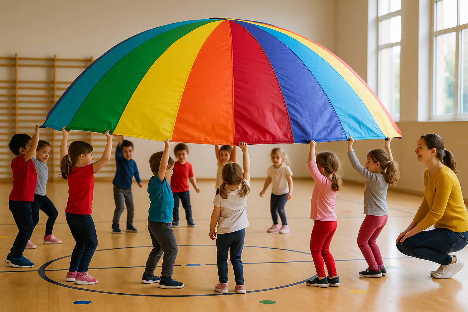 Enfants de maternelle soulevant un parachute multicolore en salle pour former un dôme