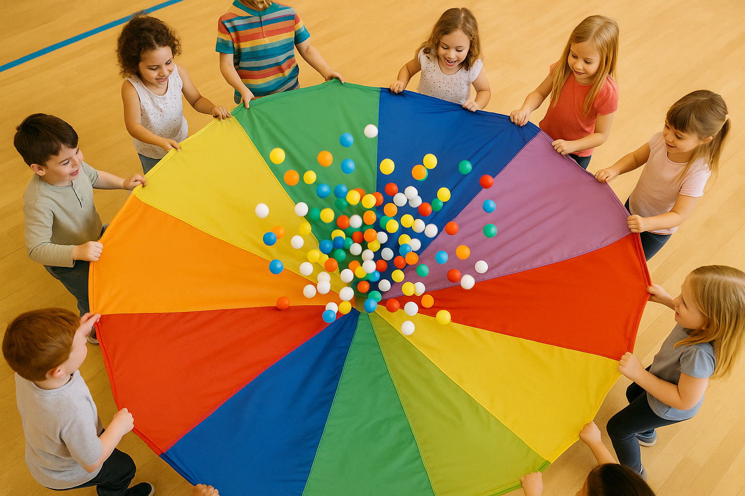 Vue plongeante d'enfants faisant rebondir des balles sur un parachute multicolore