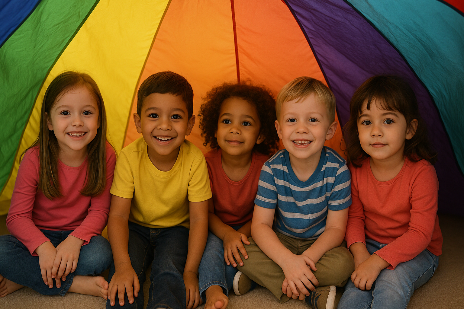 Enfants assis sous une tente formée par le parachute multicolore