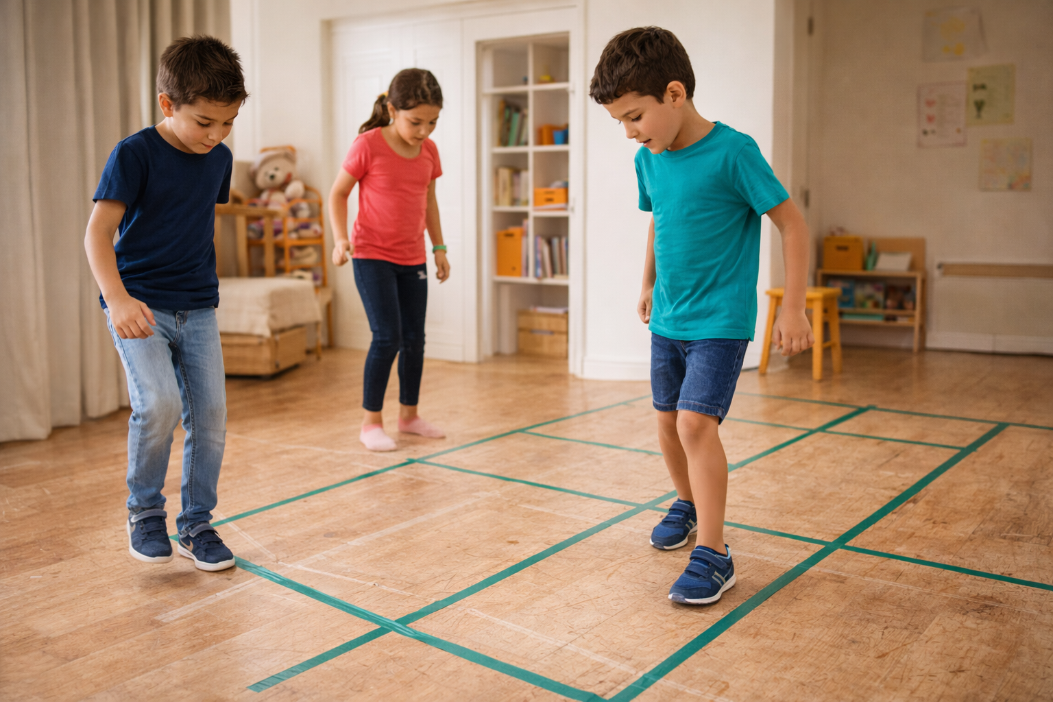 Parcours au scotch en intérieur - olympiades à la maison
