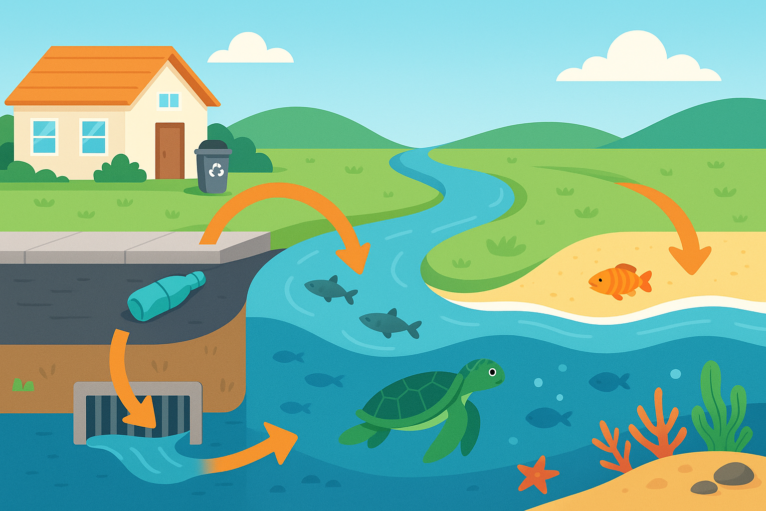 Schéma du parcours d’un déchet de la maison à la mer