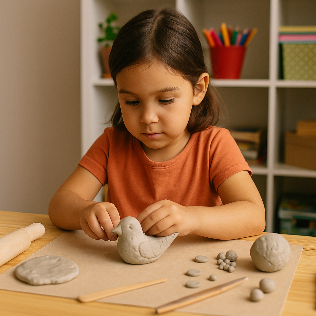 Mains d’enfant réalisant une empreinte de feuille dans un médaillon en pâte à sel